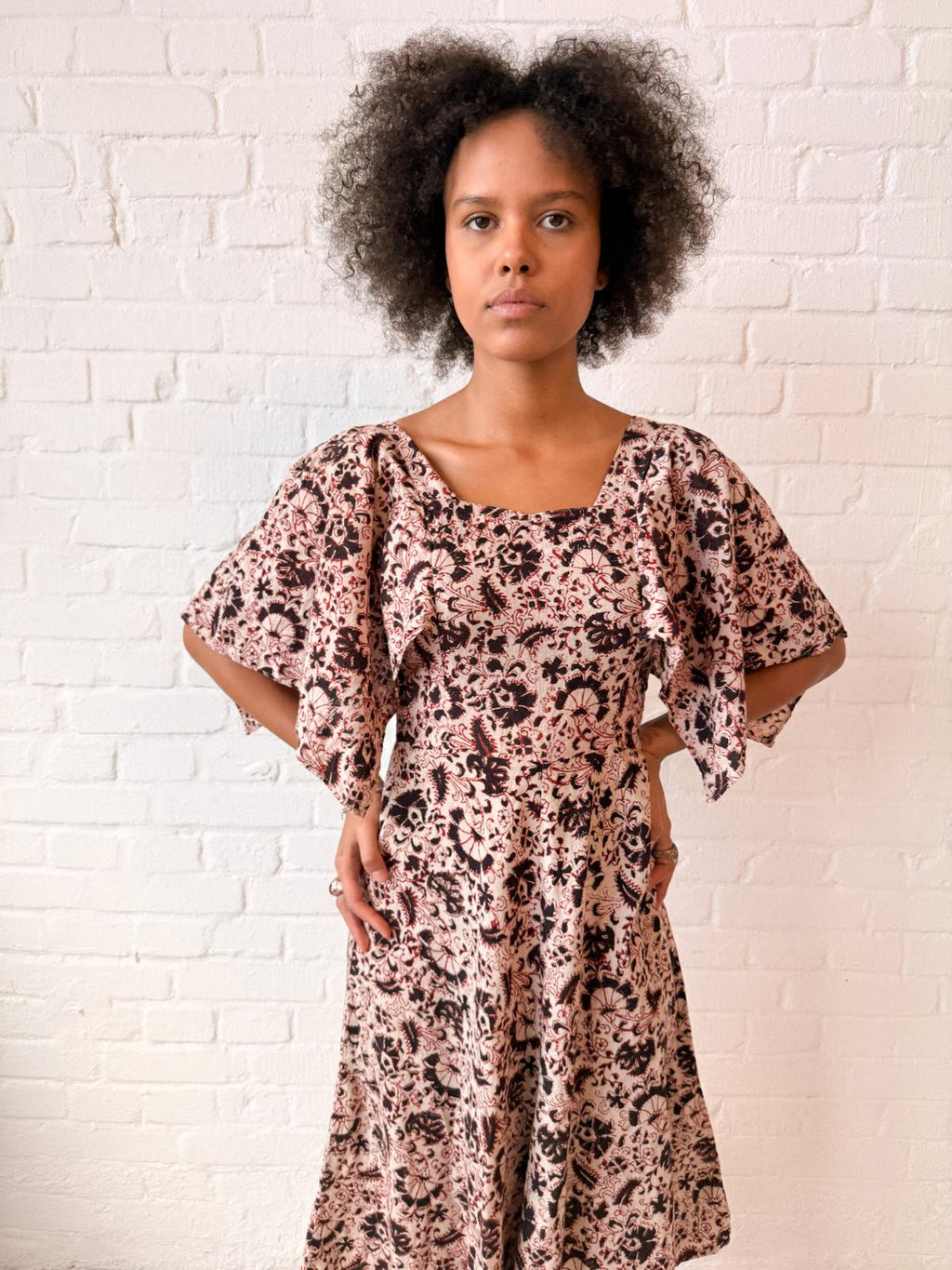 1970s Indian Block Print Cotton Dress with Butterfly Sleeves
