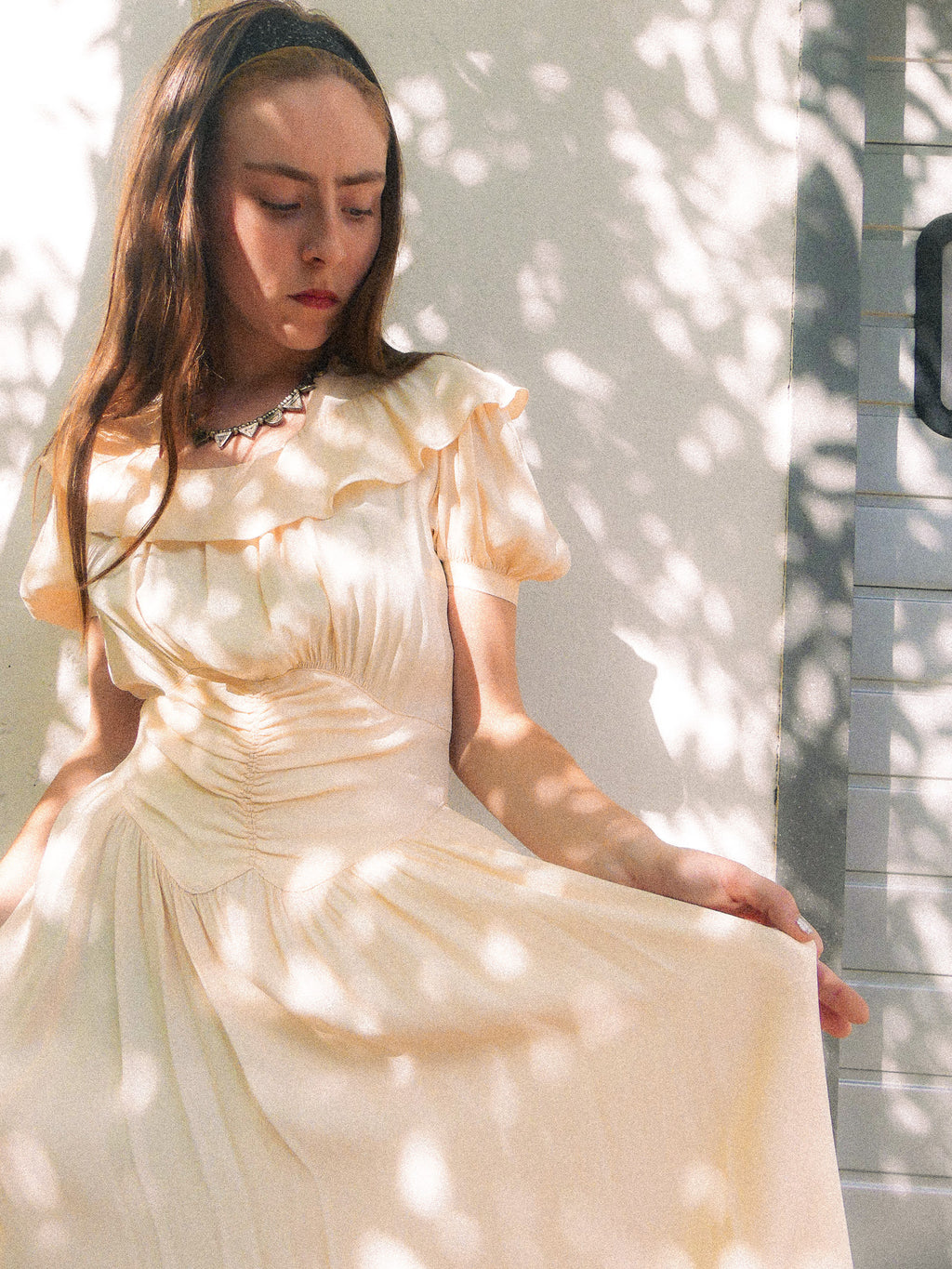 1930s Rayon Crepe Light Apricot Ruffled Dress