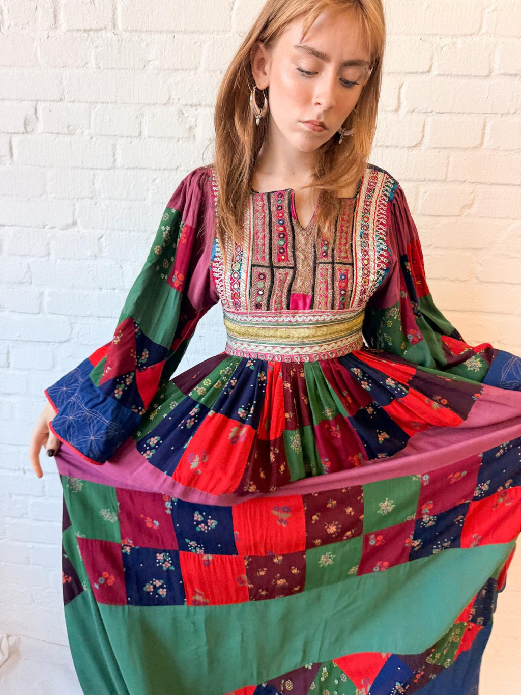 1970s Afghan-Style Patchwork Maxi Dress with Mirrorwork Embroidered Bodice