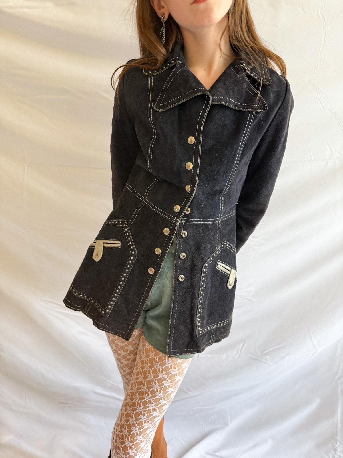 RESERVED FOR TUSIA Suede Jacket – Vintage Navy Fitted Leather Coat with Contrast Stitching