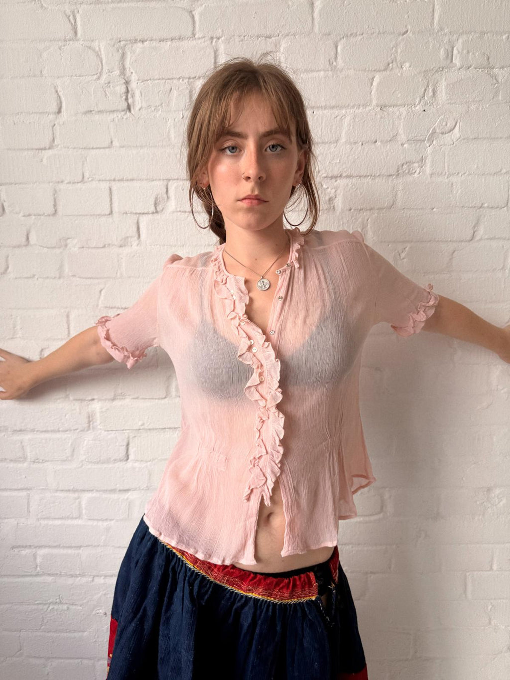 1930s Crinkled Pink Silk Blouse