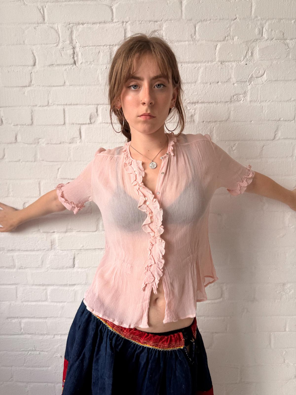 1930s Crinkled Pink Silk Blouse