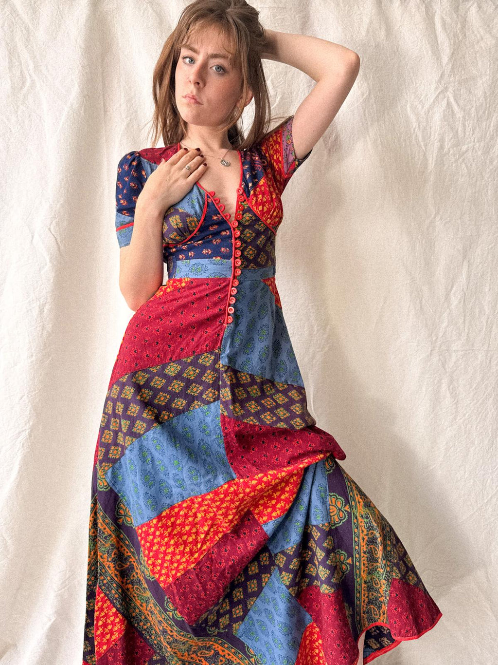 1970s Indian Cotton Patchwork Maxi Dress | Block Print Bohemian Folk Dress