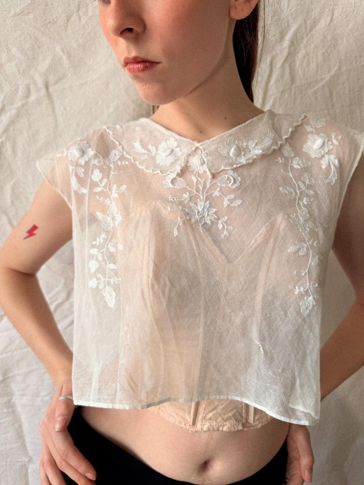 Antique Edwardian French Embroidered Tulle Bodice Blouse | Early 1910s Sheer Net Top