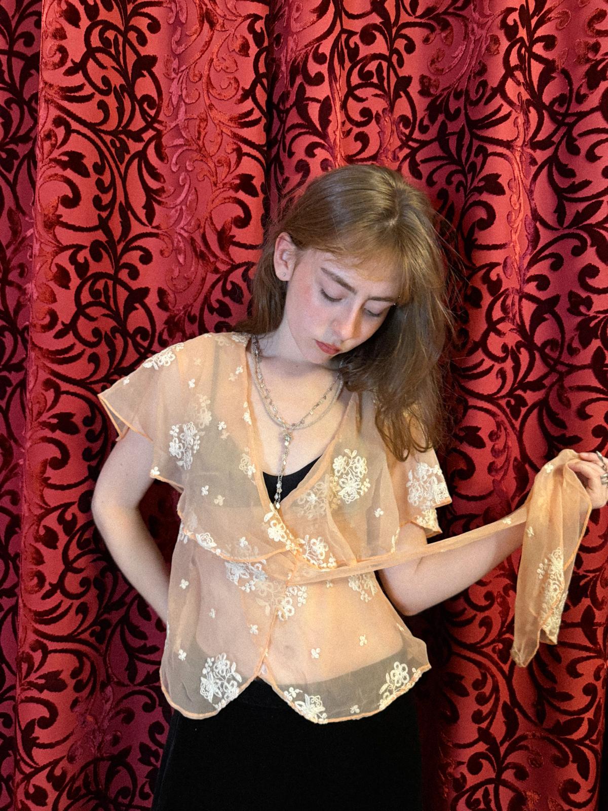 1930s Embroidered Chiffon Wrap Blouse with Capelet