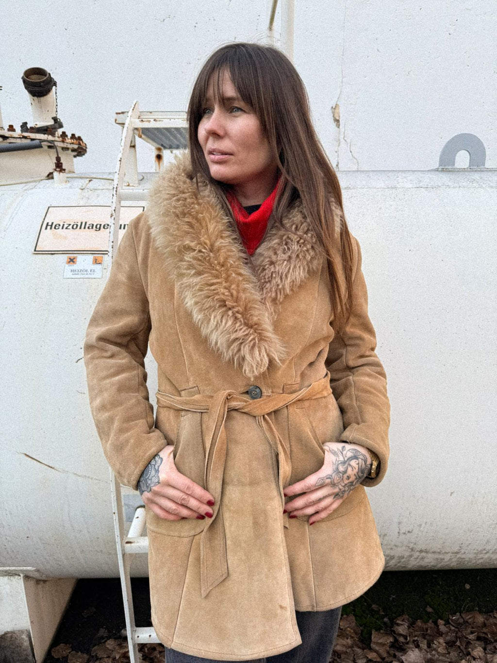 Late 1970s Suede Longline Belted Jacket with Fur Collar