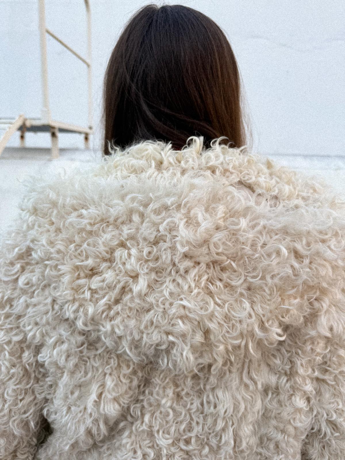 1970s Mongolian Lamb Coat with Hood – Curly Sheepskin, Satin Lined, Leather Toggles