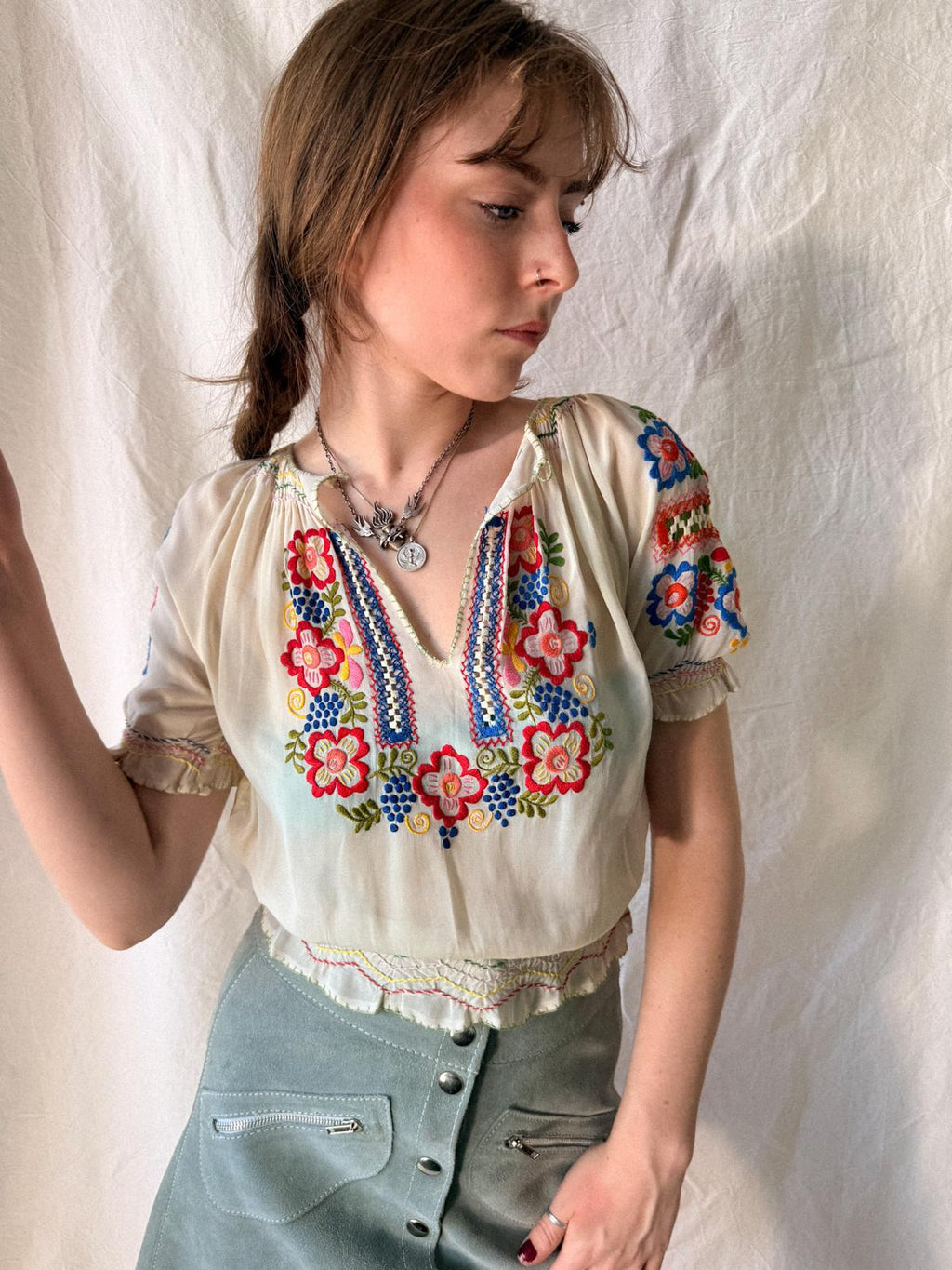 1930s–1940s Hand Embroidered Sheer Folk Blouse