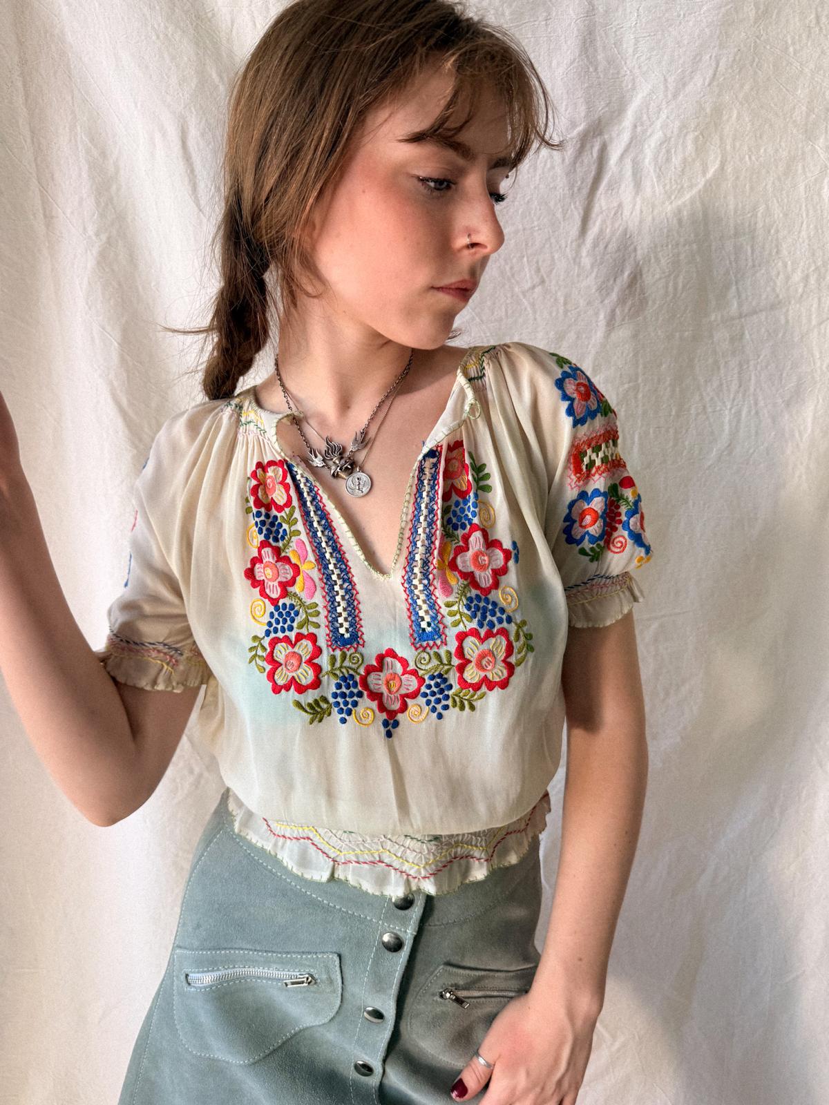 1930s–1940s Hand Embroidered Sheer Folk Blouse