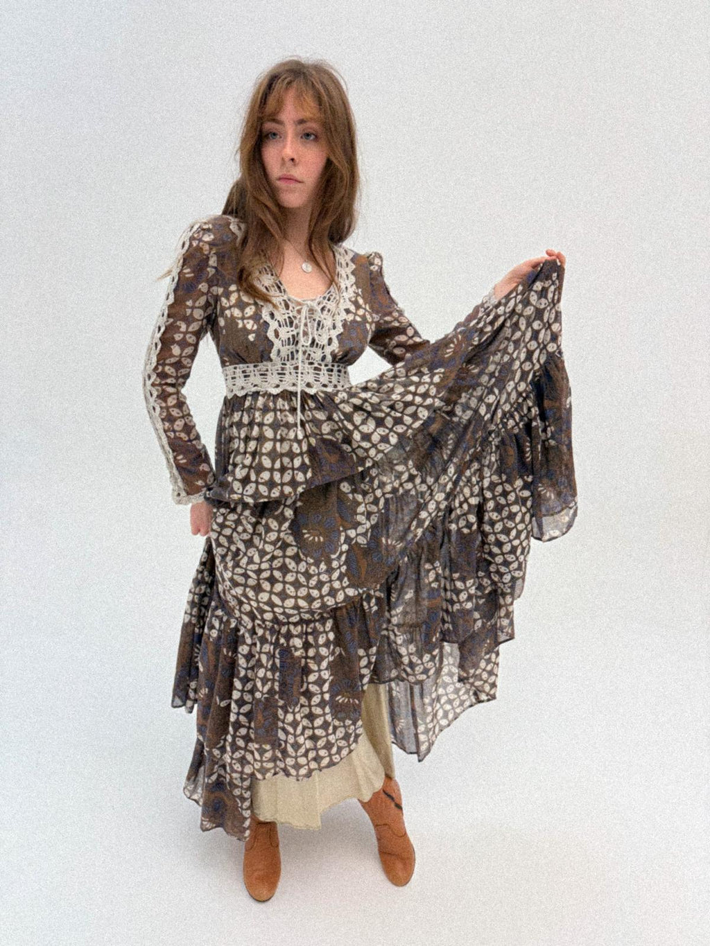 1970s Gunne Sax Prairie Dress with Lace Bib and Tiered Skirt