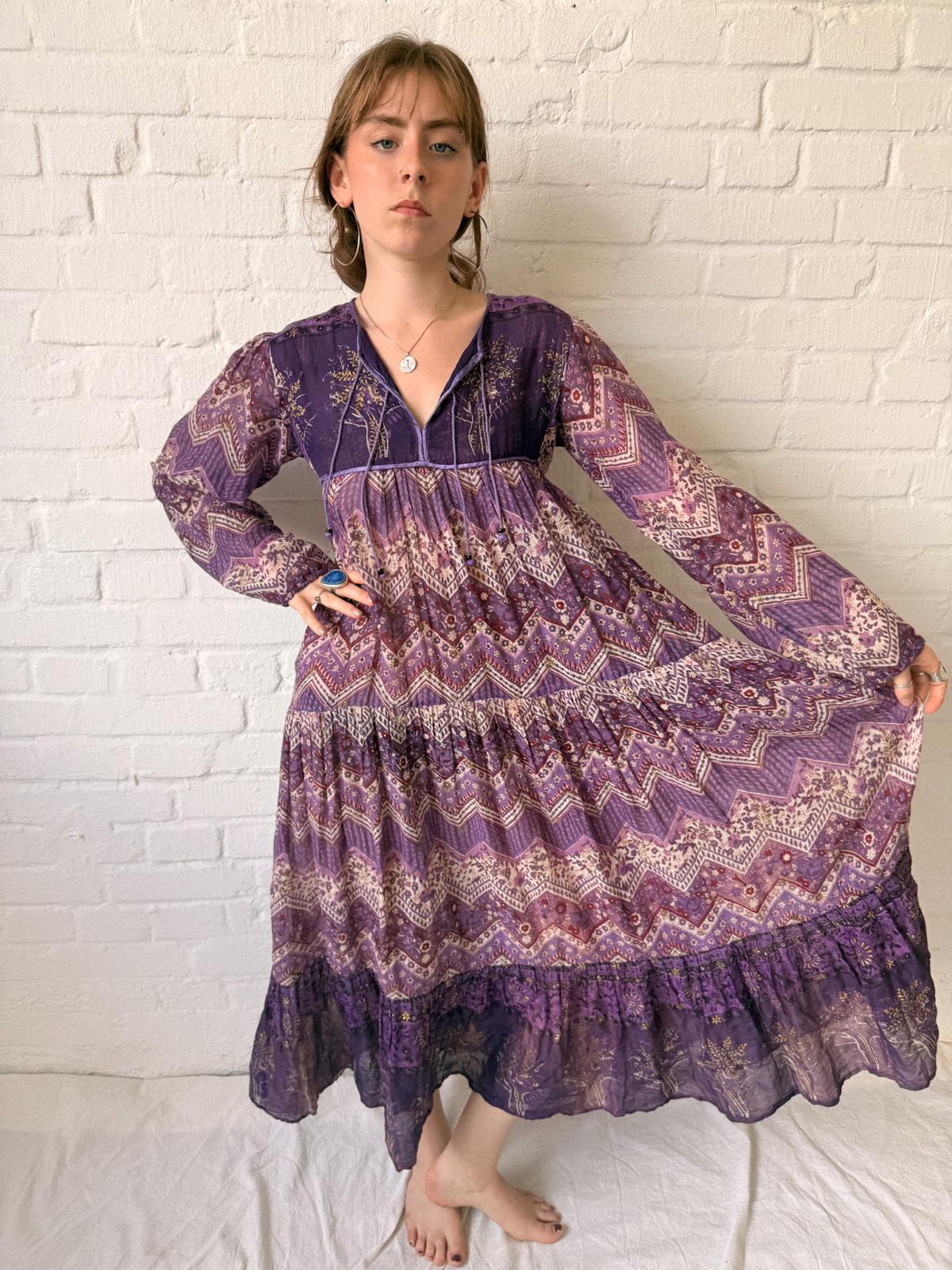 1970s Indian Cotton Gauze Maxi Dress with Tree Print and Gold Stamped Details