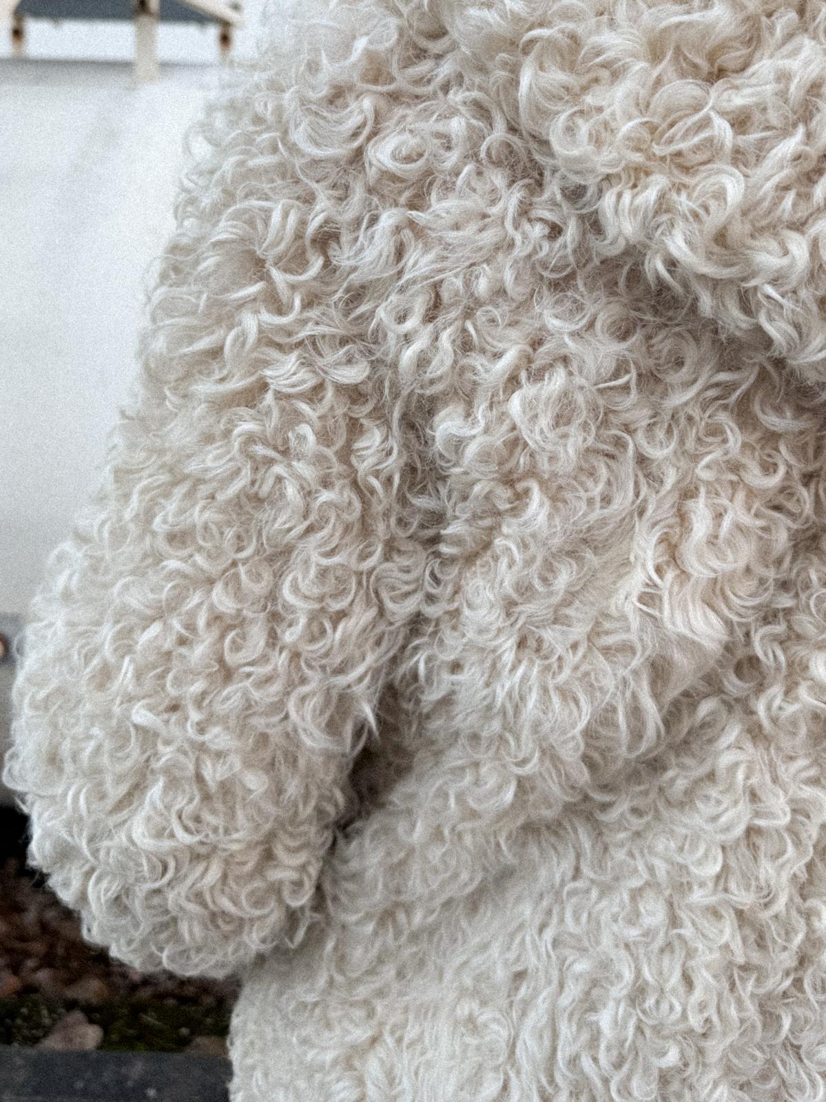 1970s Mongolian Lamb Coat with Hood – Curly Sheepskin, Satin Lined, Leather Toggles