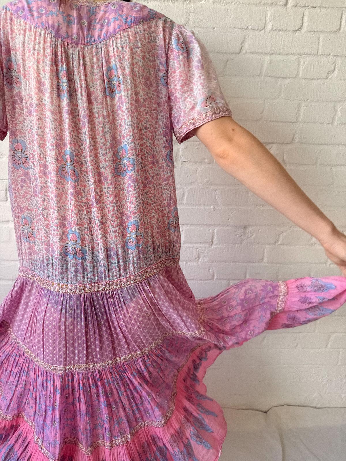1970s Adini Indian Cotton Gauze Block Print Summer Dress