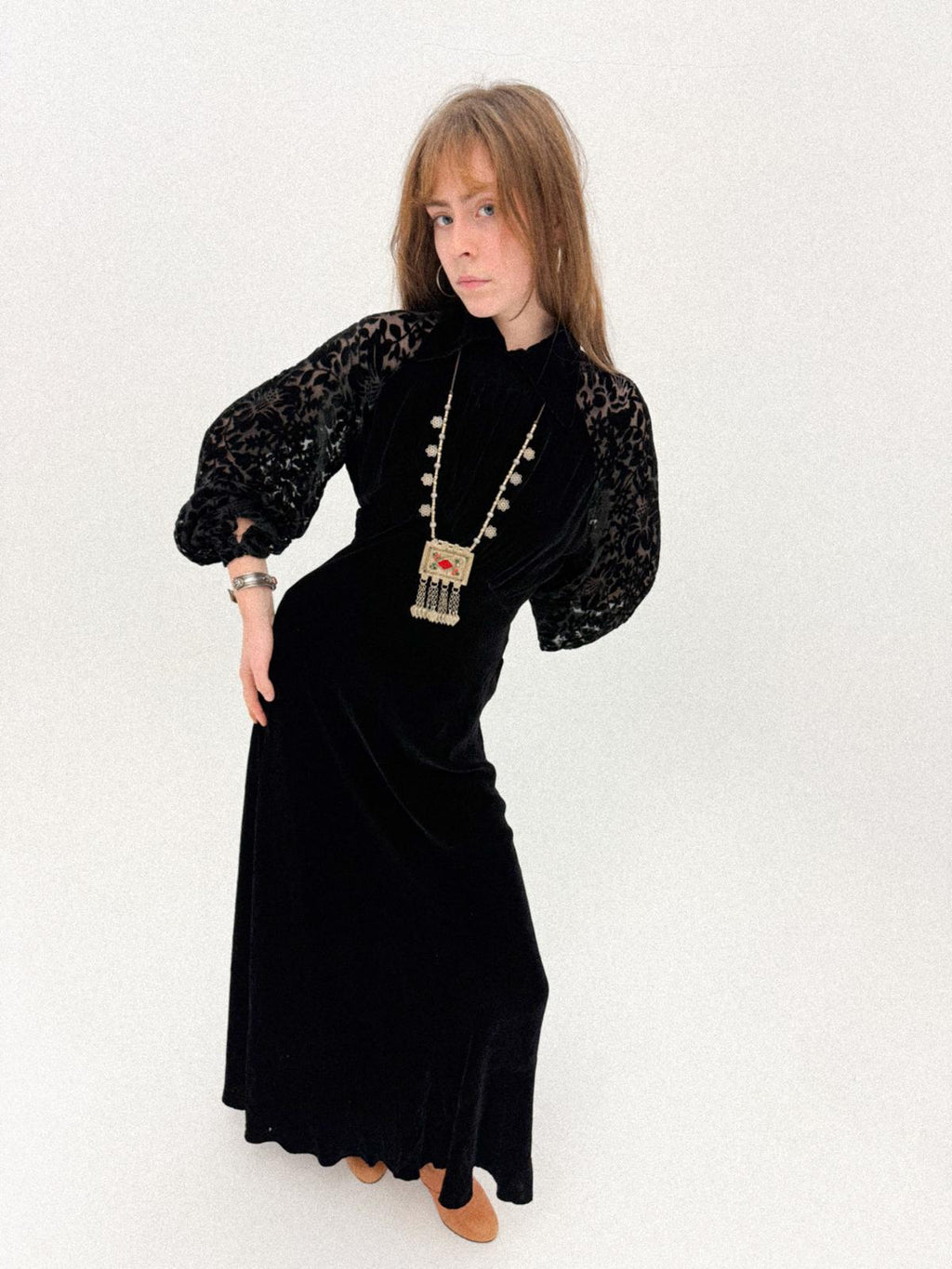 1930s Black Silk Velvet Bias-Cut Gown with Devoré Poet Sleeves