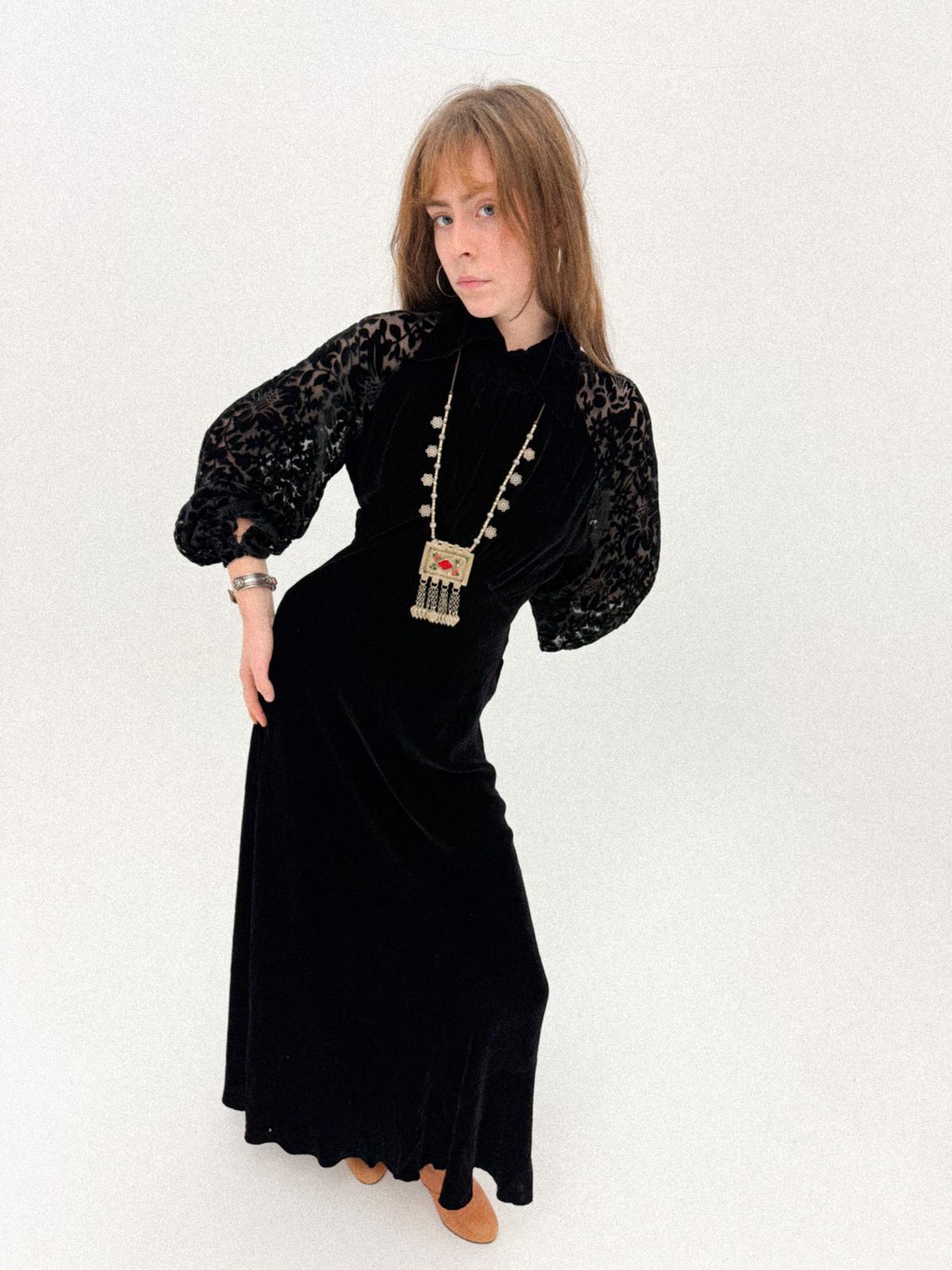 1930s Black Silk Velvet Bias-Cut Gown with Devoré Poet Sleeves