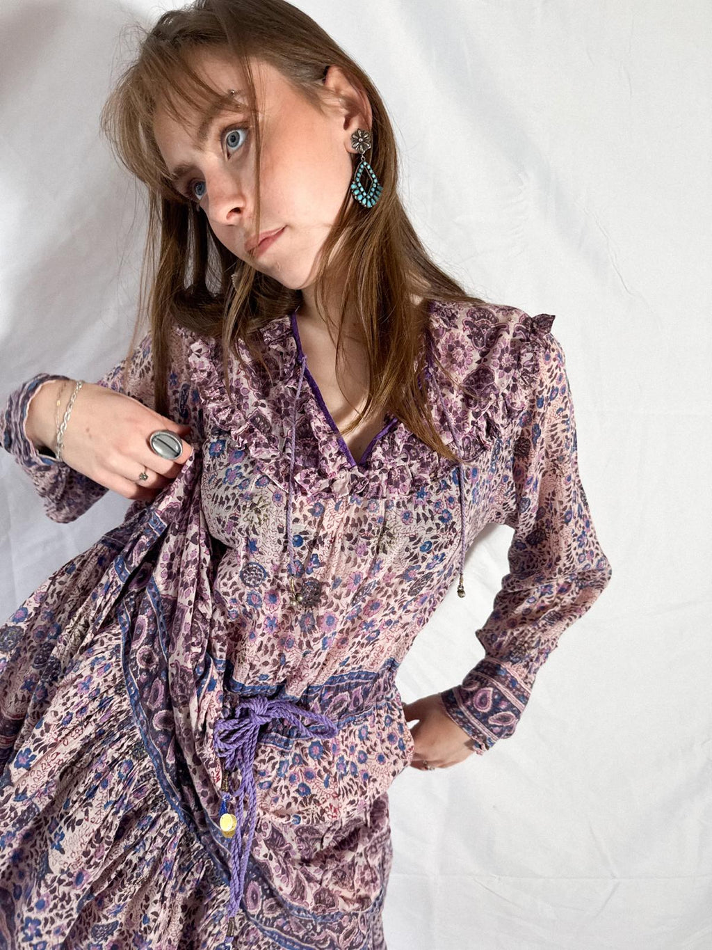 1970s Indian Cotton Gauze Block Print Prairie-Style Dress with Ruffled Neckline and Drawstring Waist