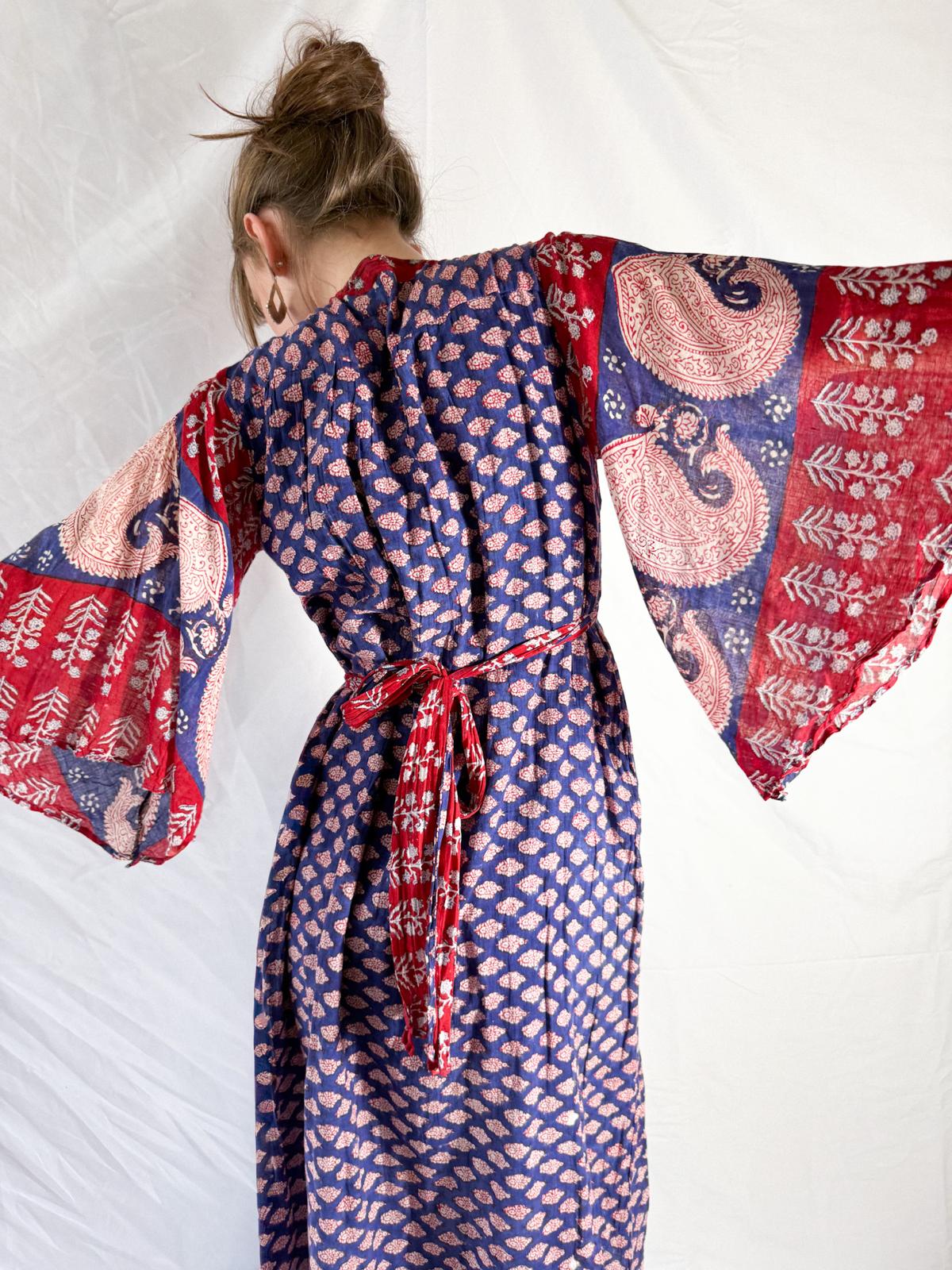 1970s Indian Cotton Gauze Block Print Dress with Angel Sleeves