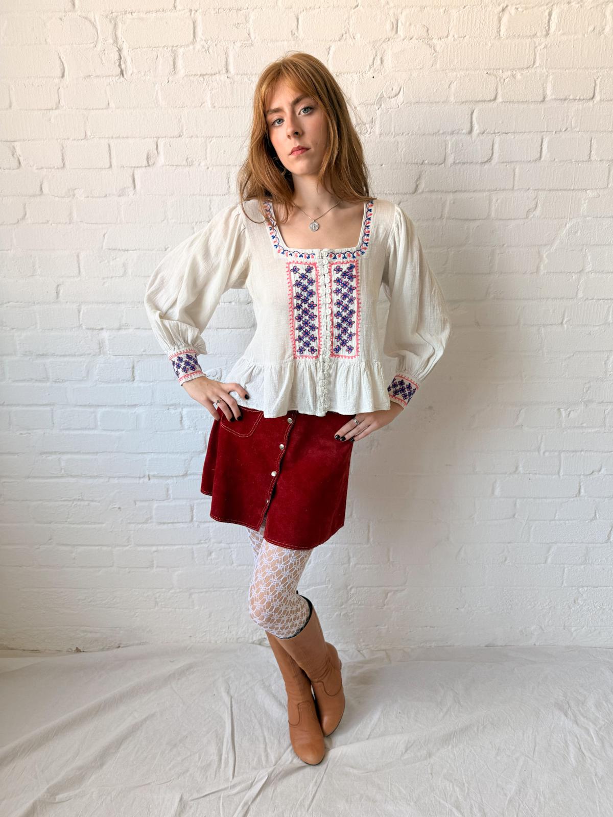 1960s–70s Embroidered Cotton Cheesecloth Peplum Blouse