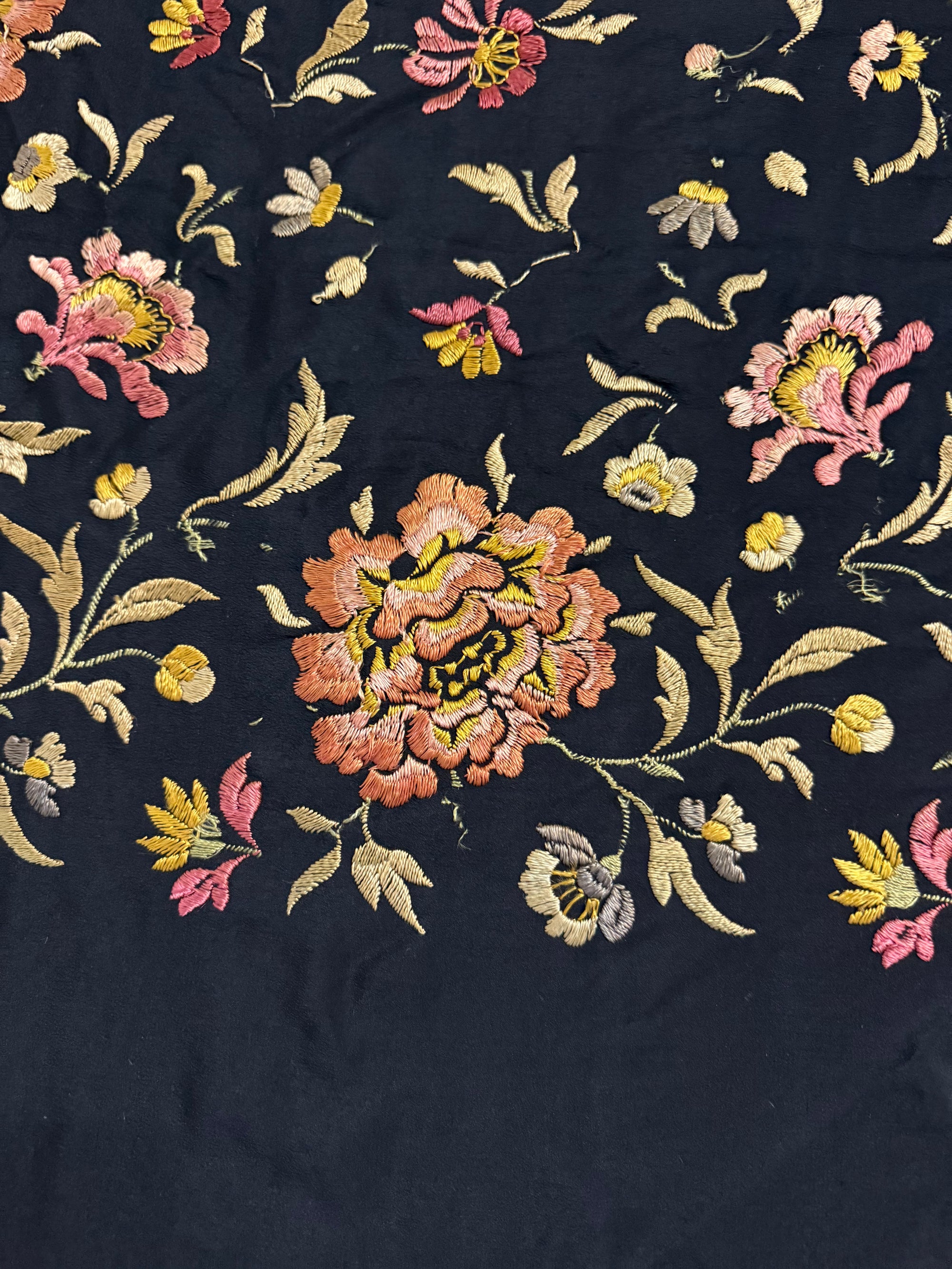 1920s Silk Piano Shawl with Embroidered Peonies