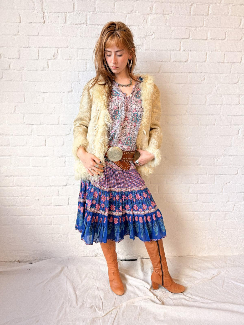 Vintage Late 1970s Adini Indian Cotton Floral Tiered Midi Dress