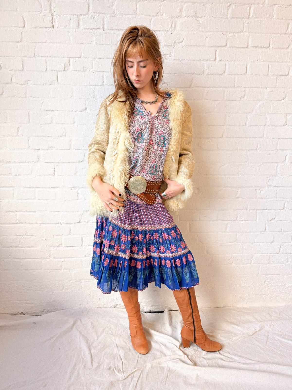 Vintage Late 1970s Adini Indian Cotton Floral Tiered Midi Dress