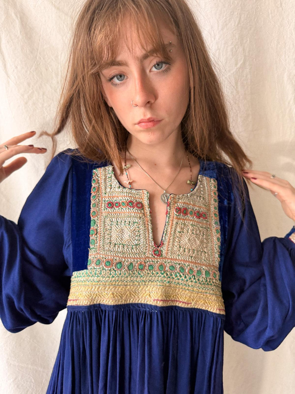 1970s Afghan Folk Dress in Cobalt Blue Velvet & Handworked Tribal Yoke