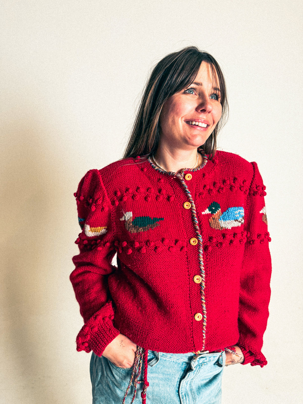 Vintage Woolen Folk Cardigan with Duck Motif by Pinelli