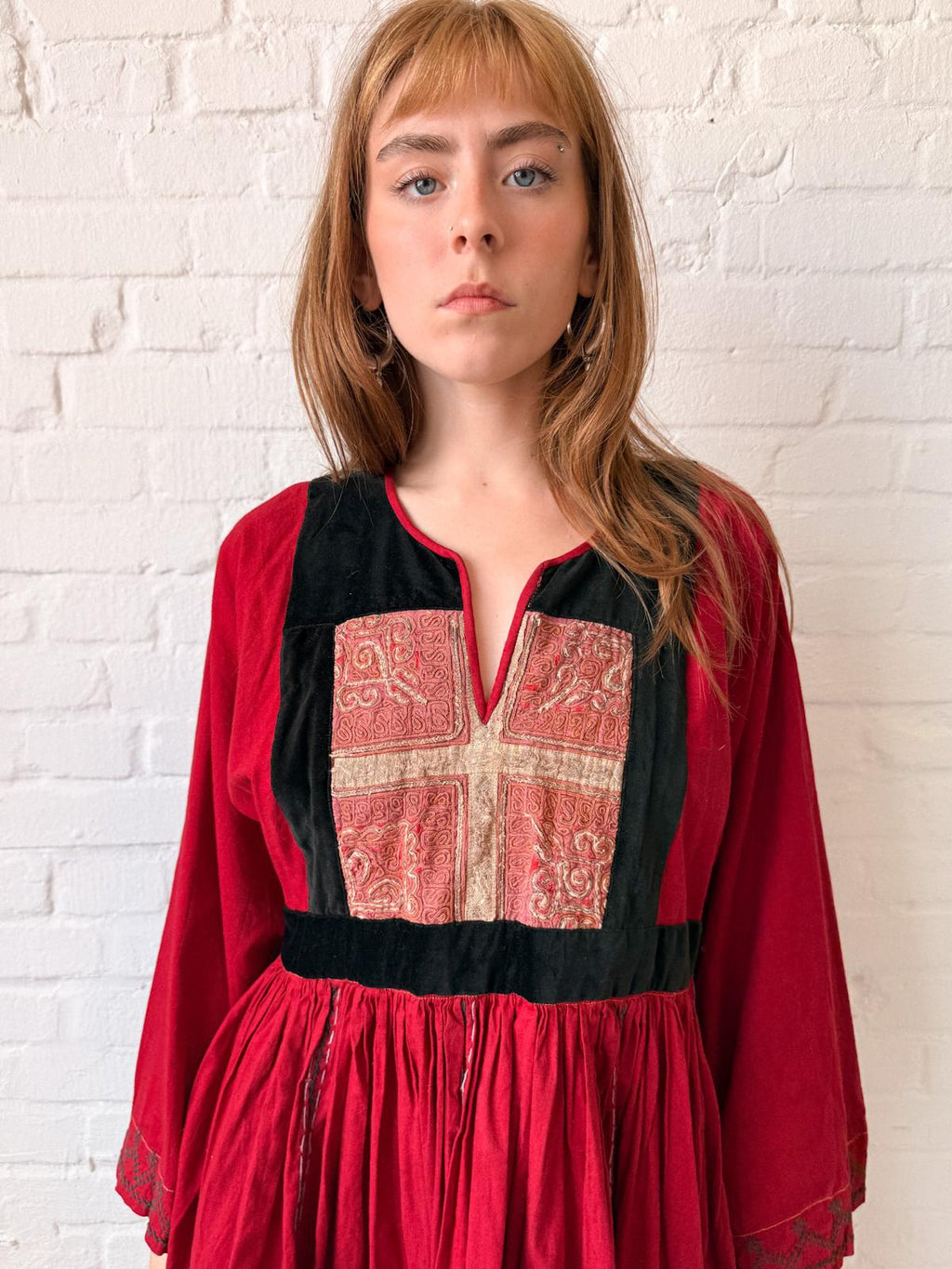 1970s Afghan Red Cotton Dress with Embroidered Yoke & Black Velvet