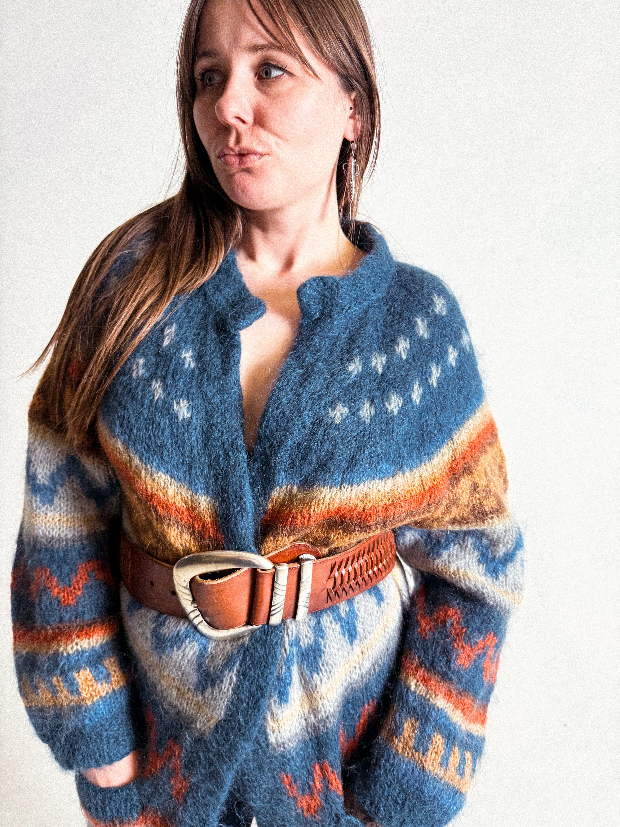 1970s/80s Long Mohair Cardigan with Nordic Pattern