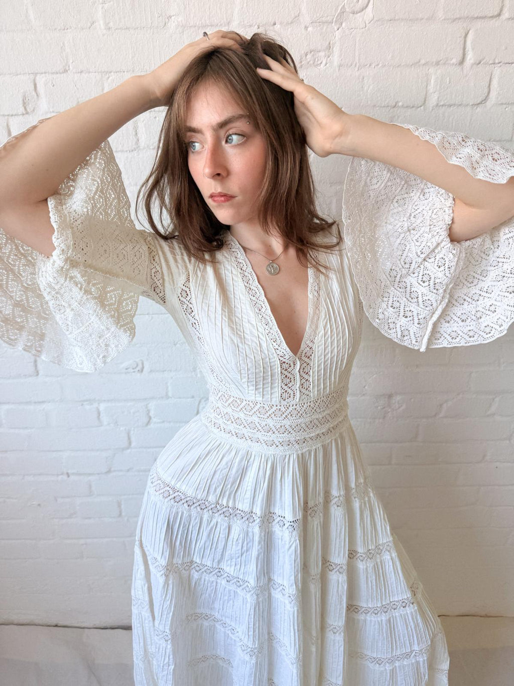 1970s Mexican Cotton and Crochet Lace Dress