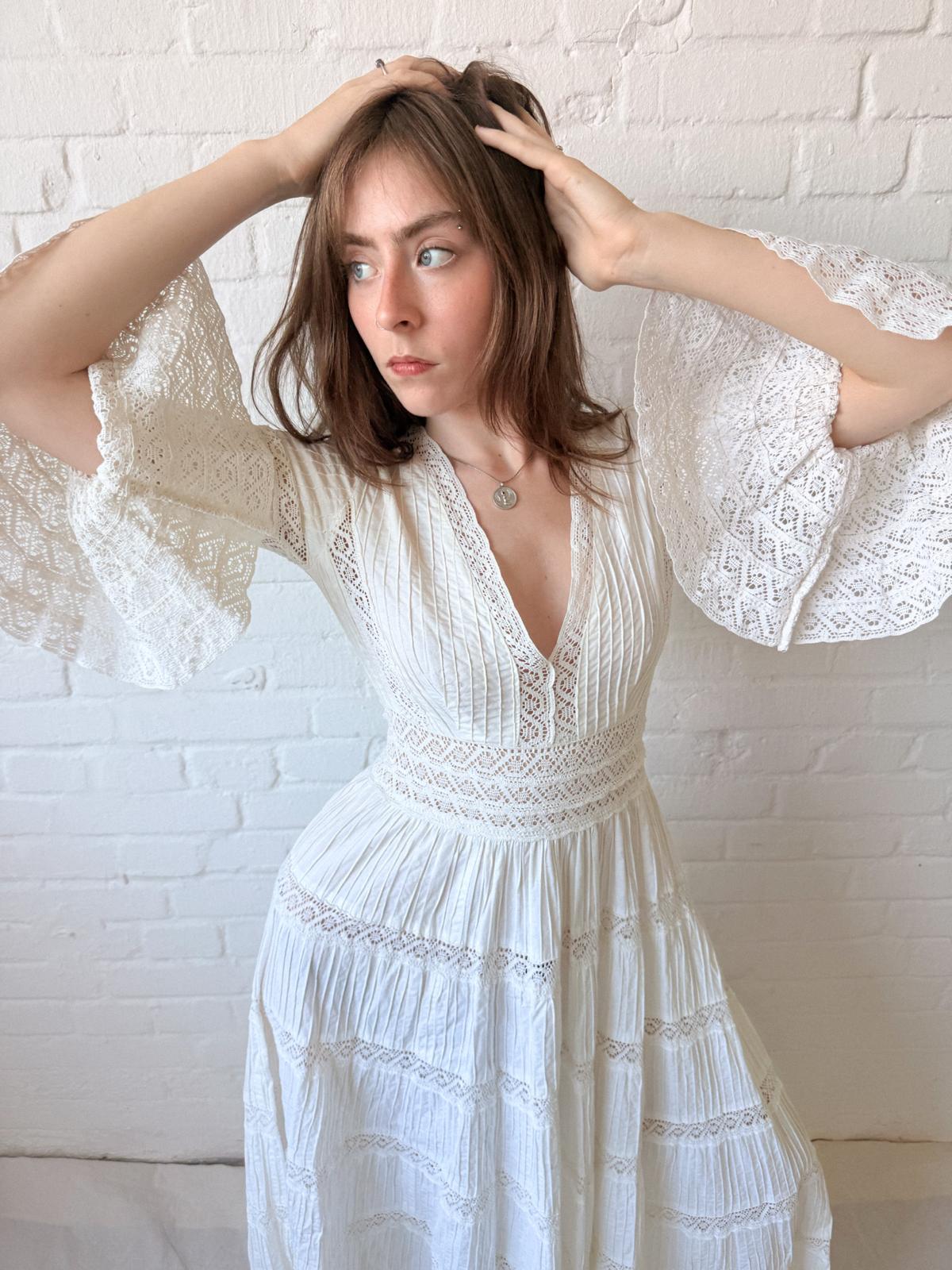 1970s Mexican Cotton and Crochet Lace Dress