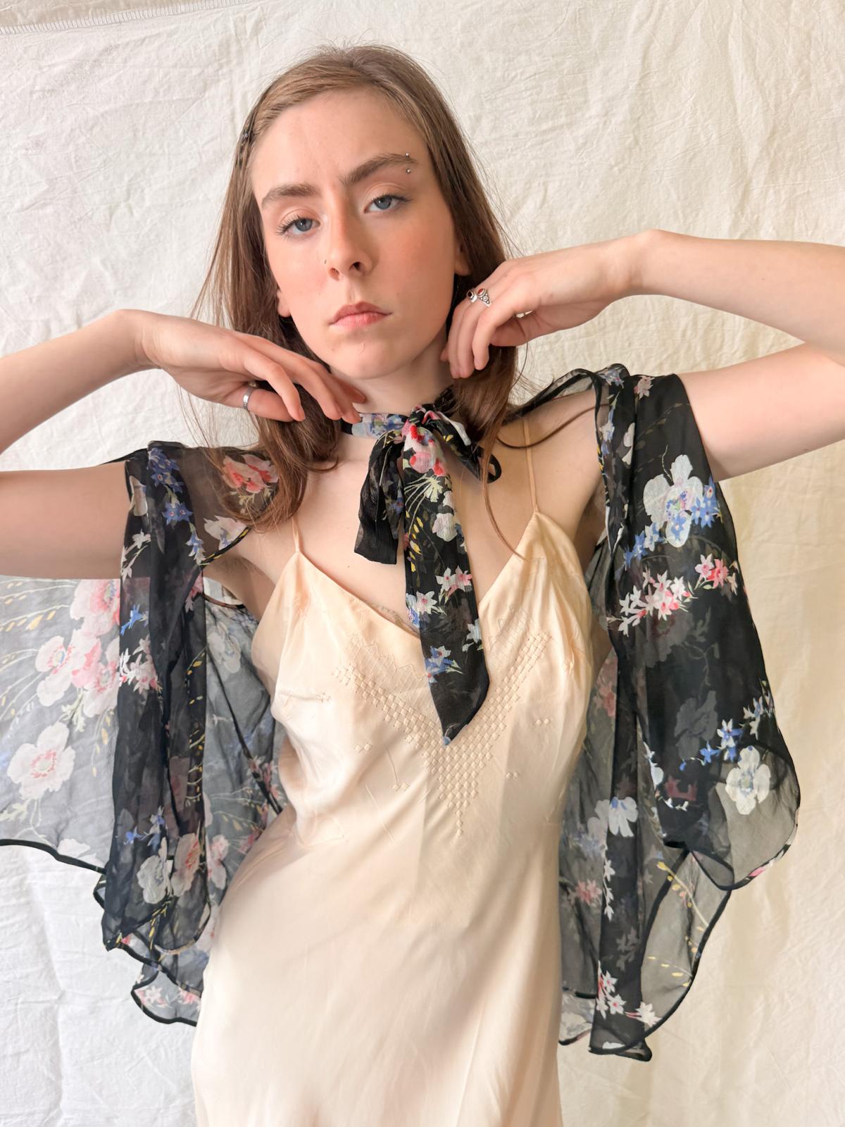 1930s Floral Silk Chiffon Cape Jacket/Bolero