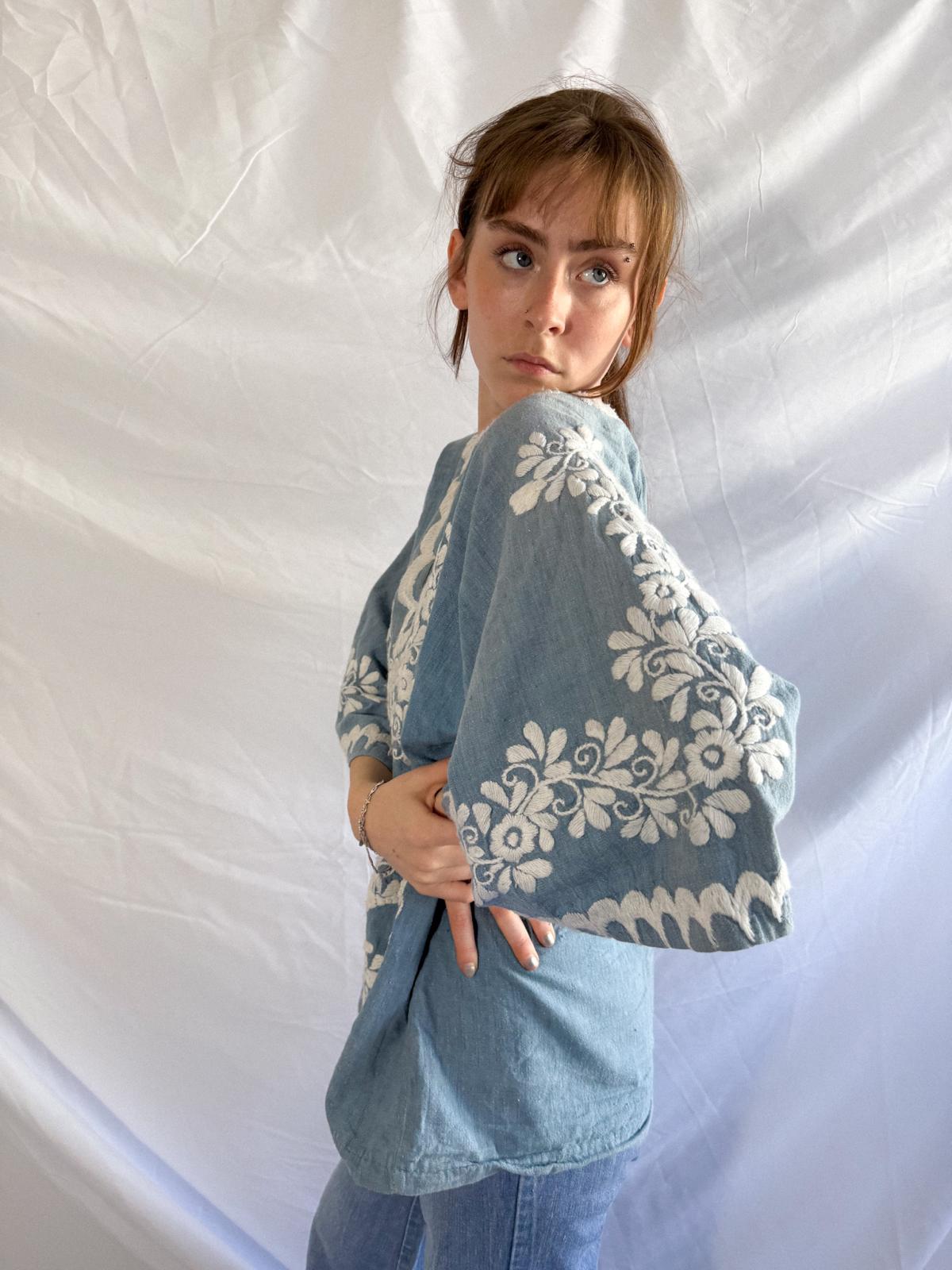 1970s Embroidered Chambray Mexican Tunic Top