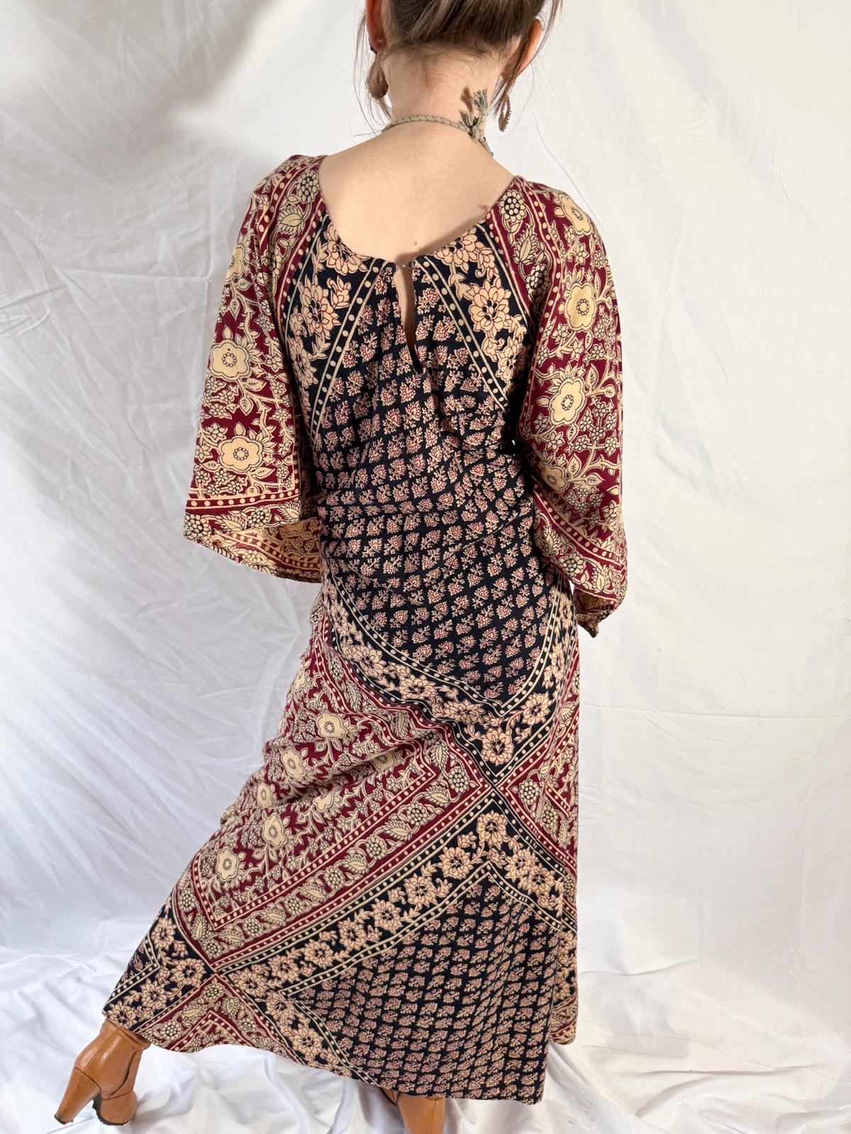 1970s Kaiser Indian Block Print Cotton Maxi Kaftan Dress