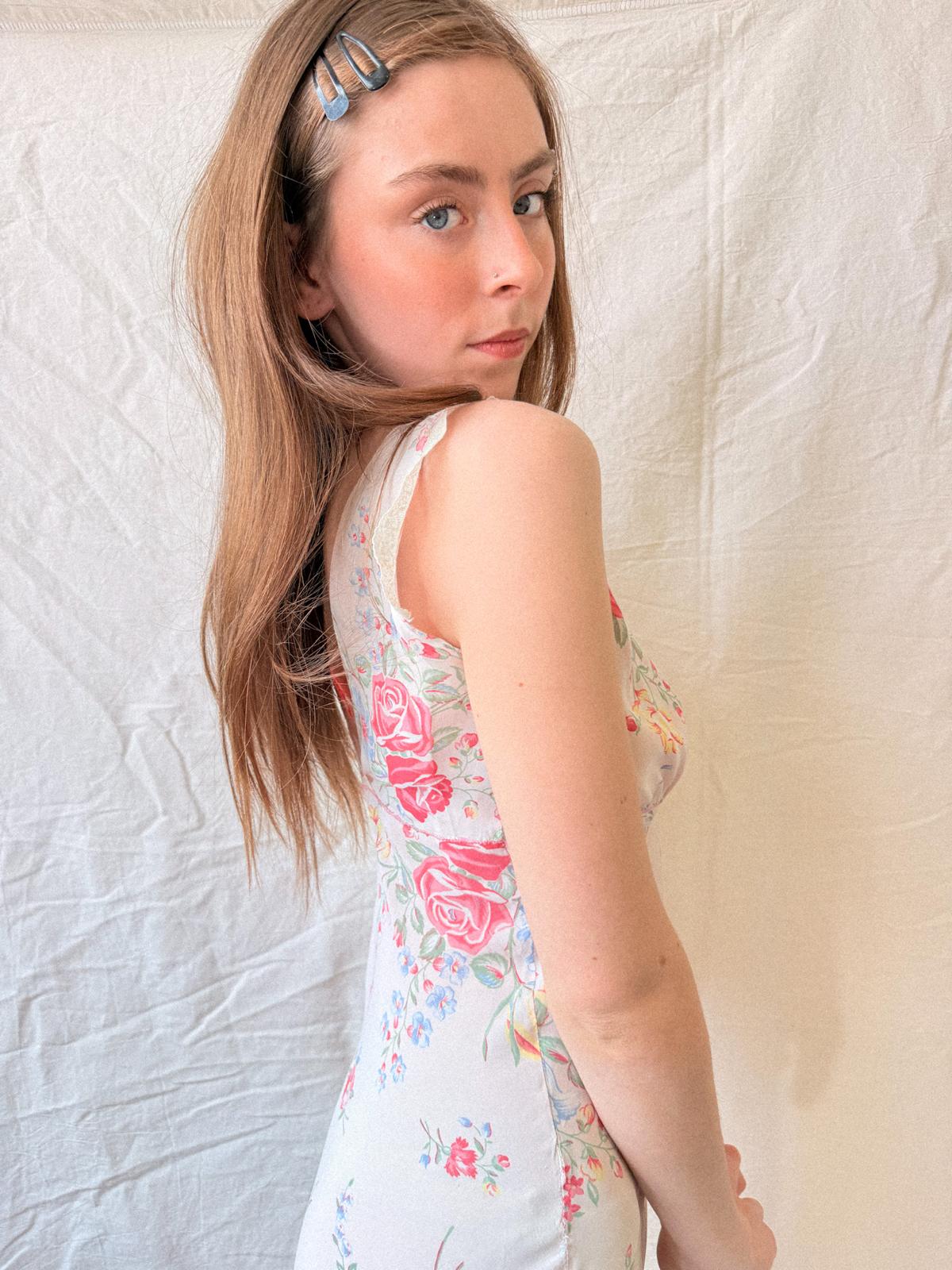 1930s Floral Rayon Bias Cut Slip Dress