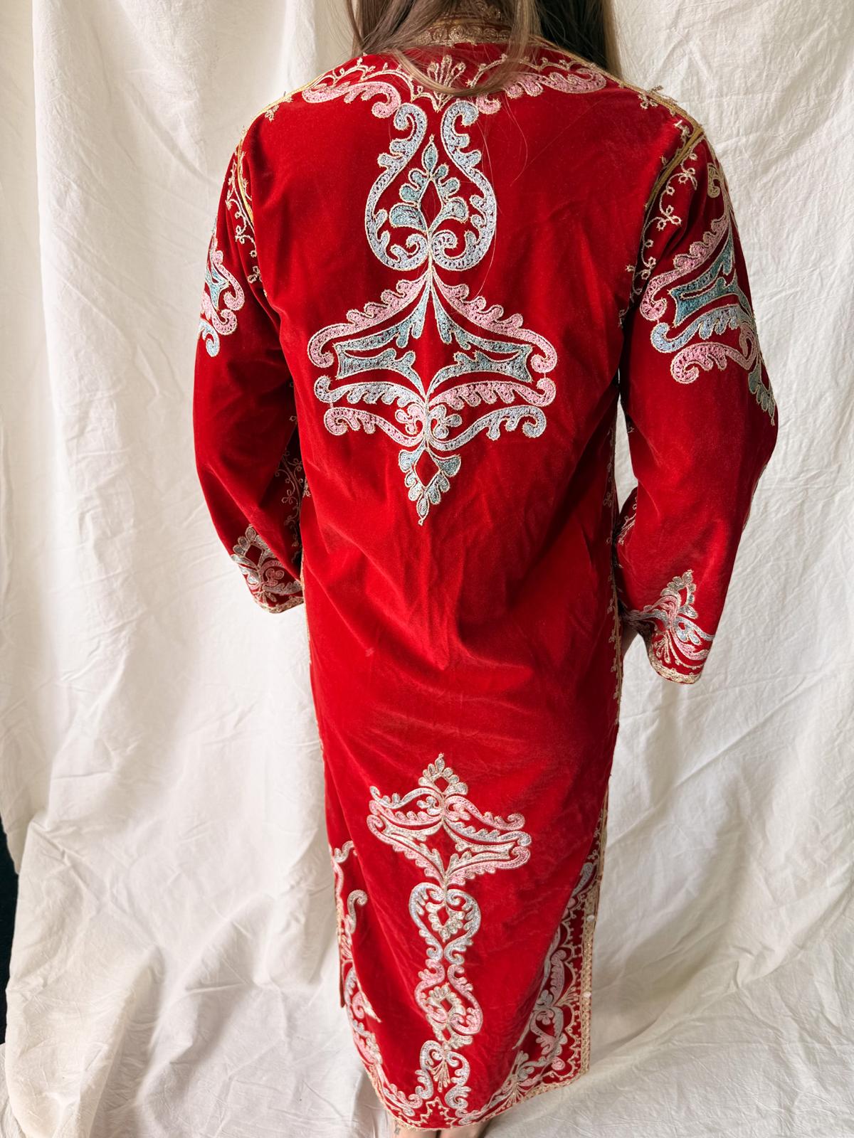 1970s Embellished Red Morroccan Velvet Caftan Coat