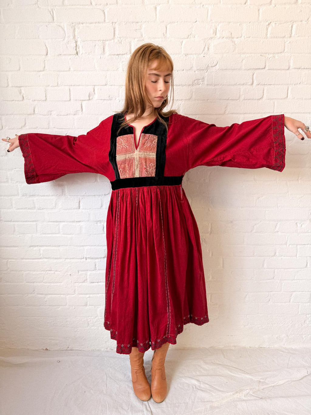 1970s Afghan Red Cotton Dress with Embroidered Yoke & Black Velvet