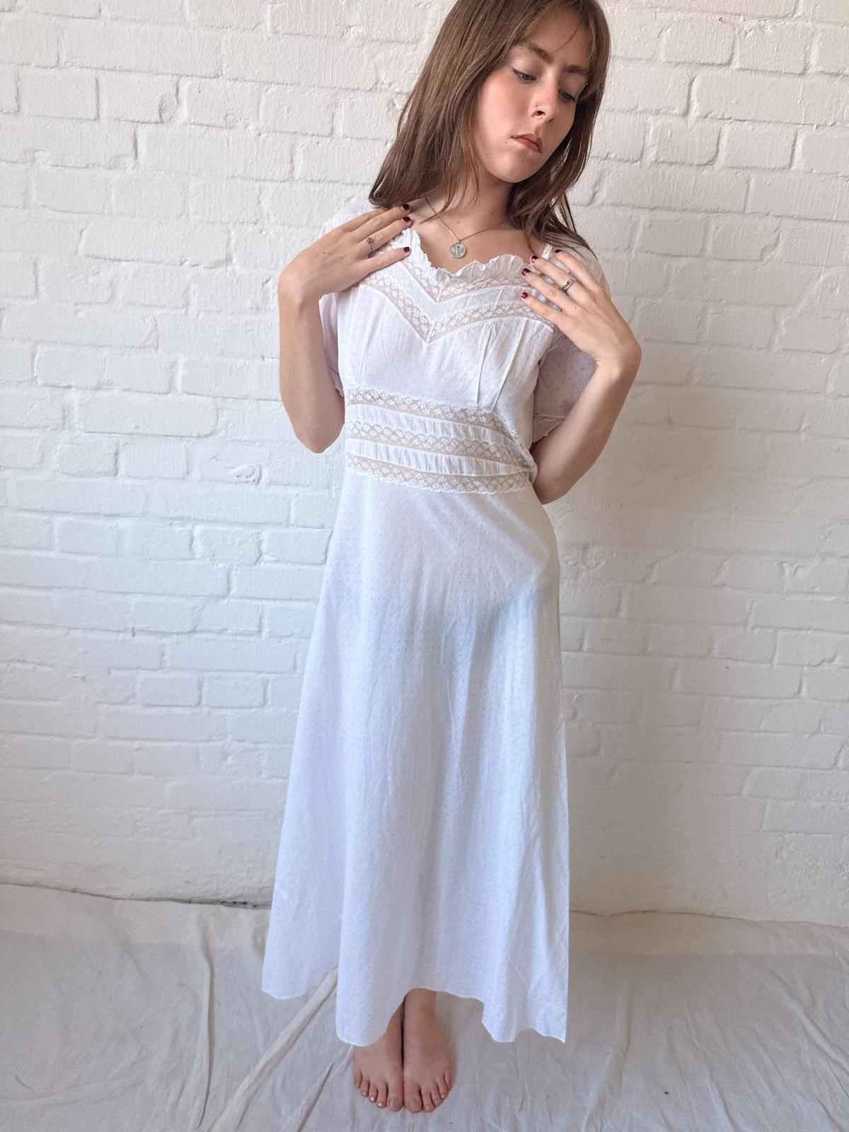 1930s White Cotton & Lace Nightdress | Pink Polka Dot Bias-Cut Dress