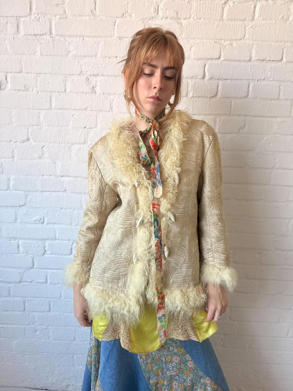 Rare 1960s–70s Fully Embroidered Afghan Style Shearling Jacket – Pearl Cream