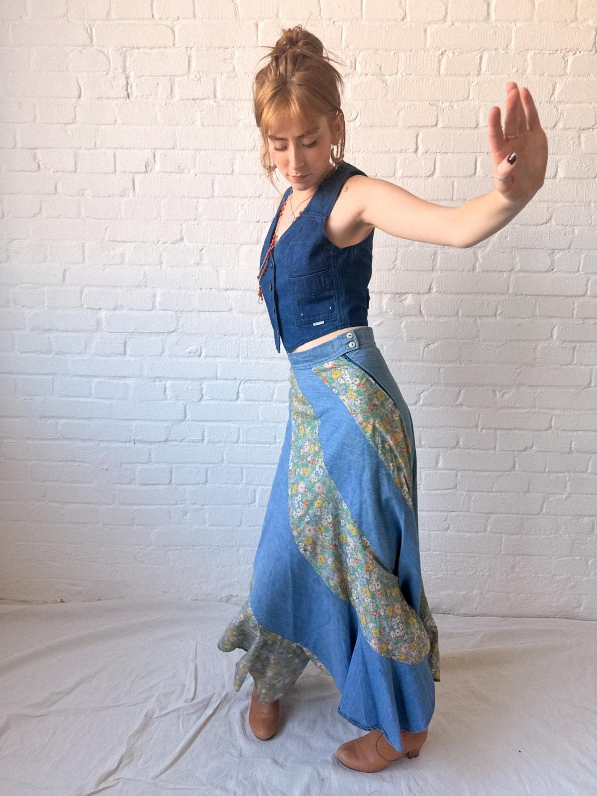 1970s Asymmetrical Patchwork Chambray & Floral Maxi Skirt