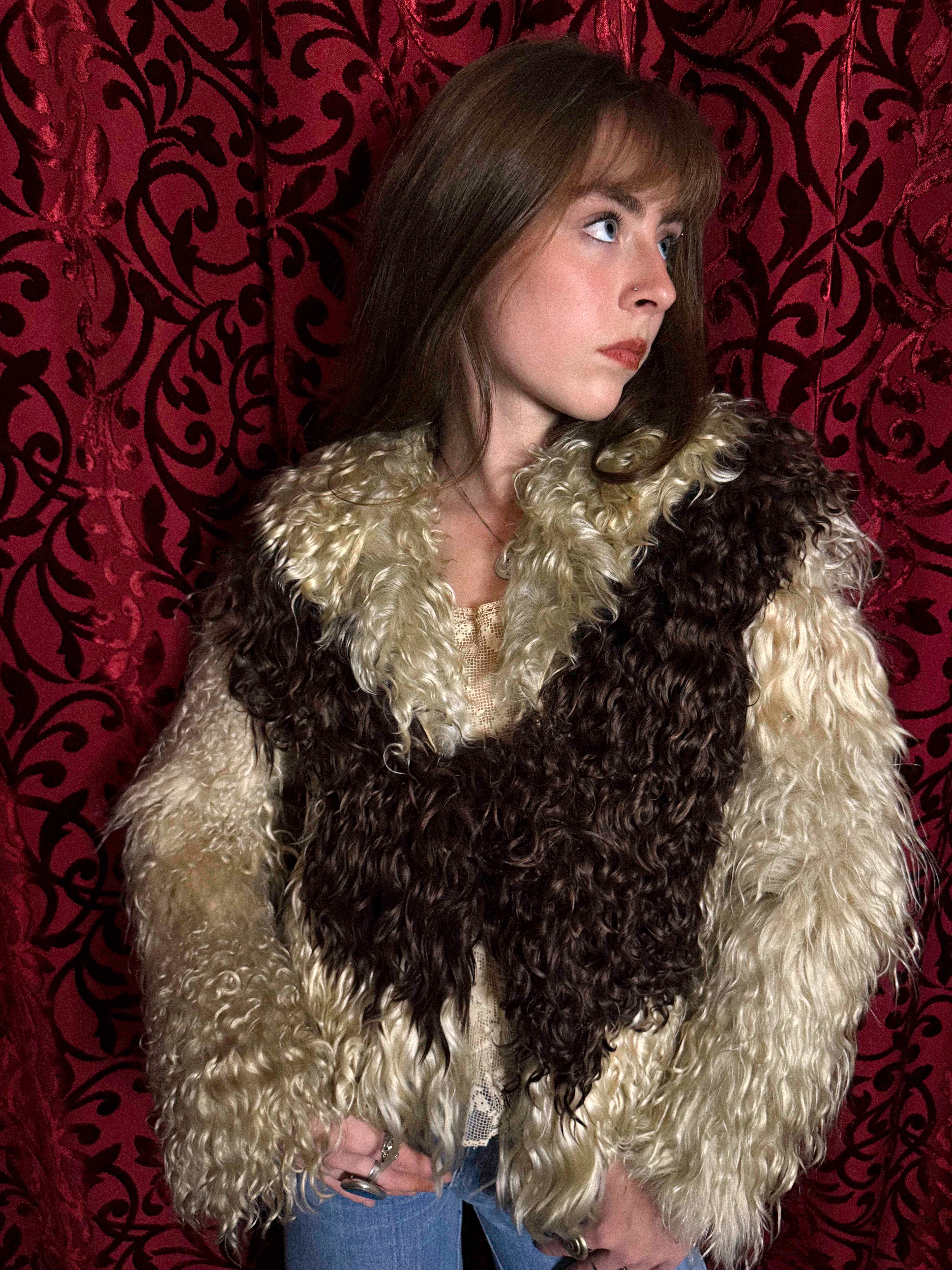 Rare 1960s–70s Tibetan Lamb Jacket – Two-Tone Curly Fur with Sculptural Sleeves
