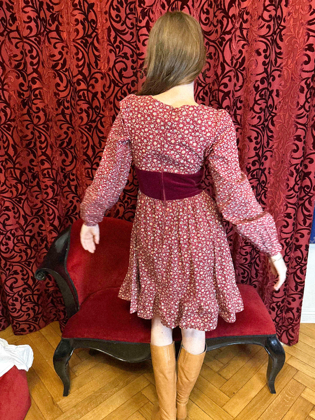 1970s Gunne Sax Prairie Dress in Burgundy Floral Cotton with Velvet Bodice