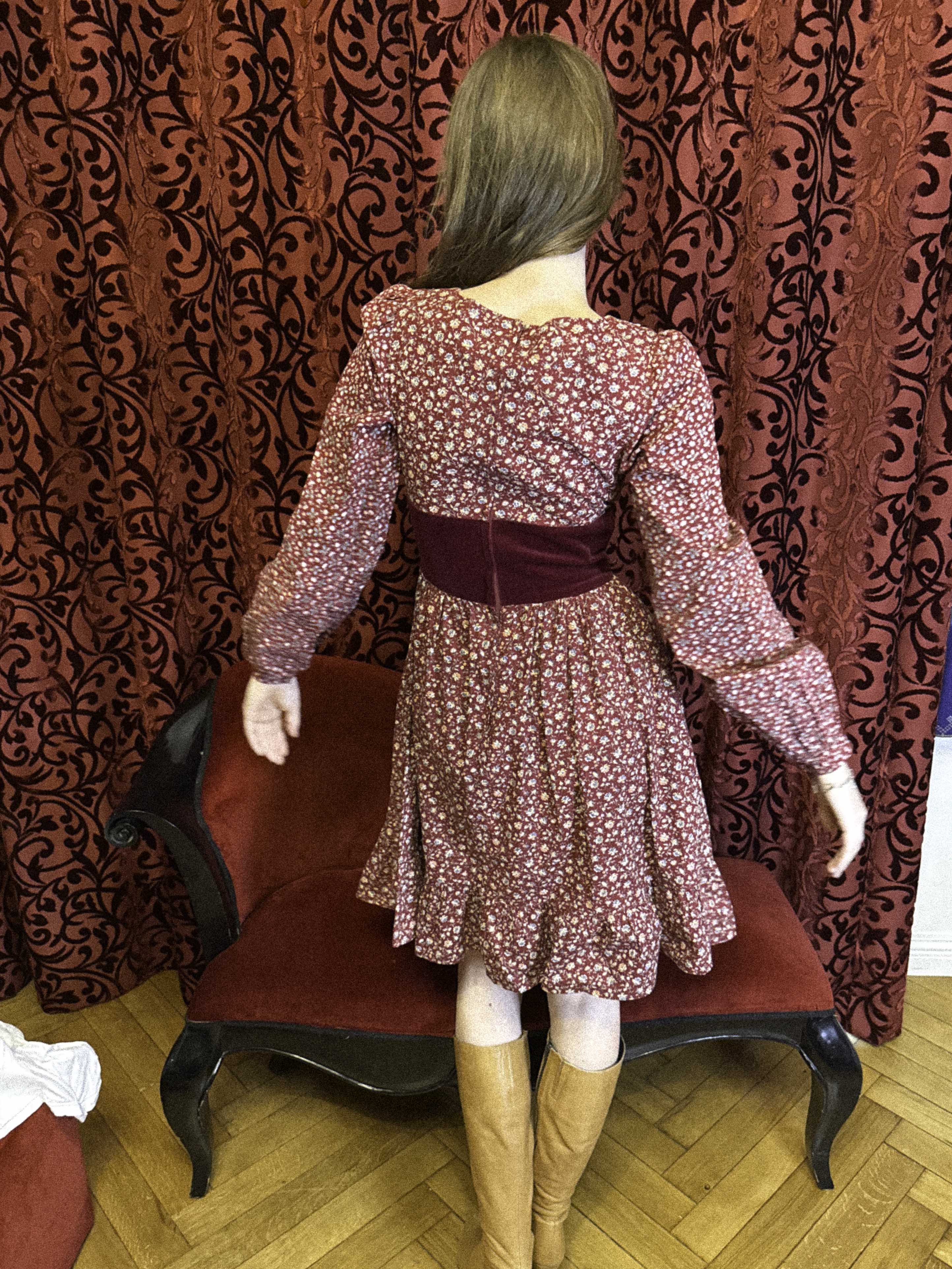 1970s Gunne Sax Prairie Dress in Burgundy Floral Cotton with Velvet Bodice