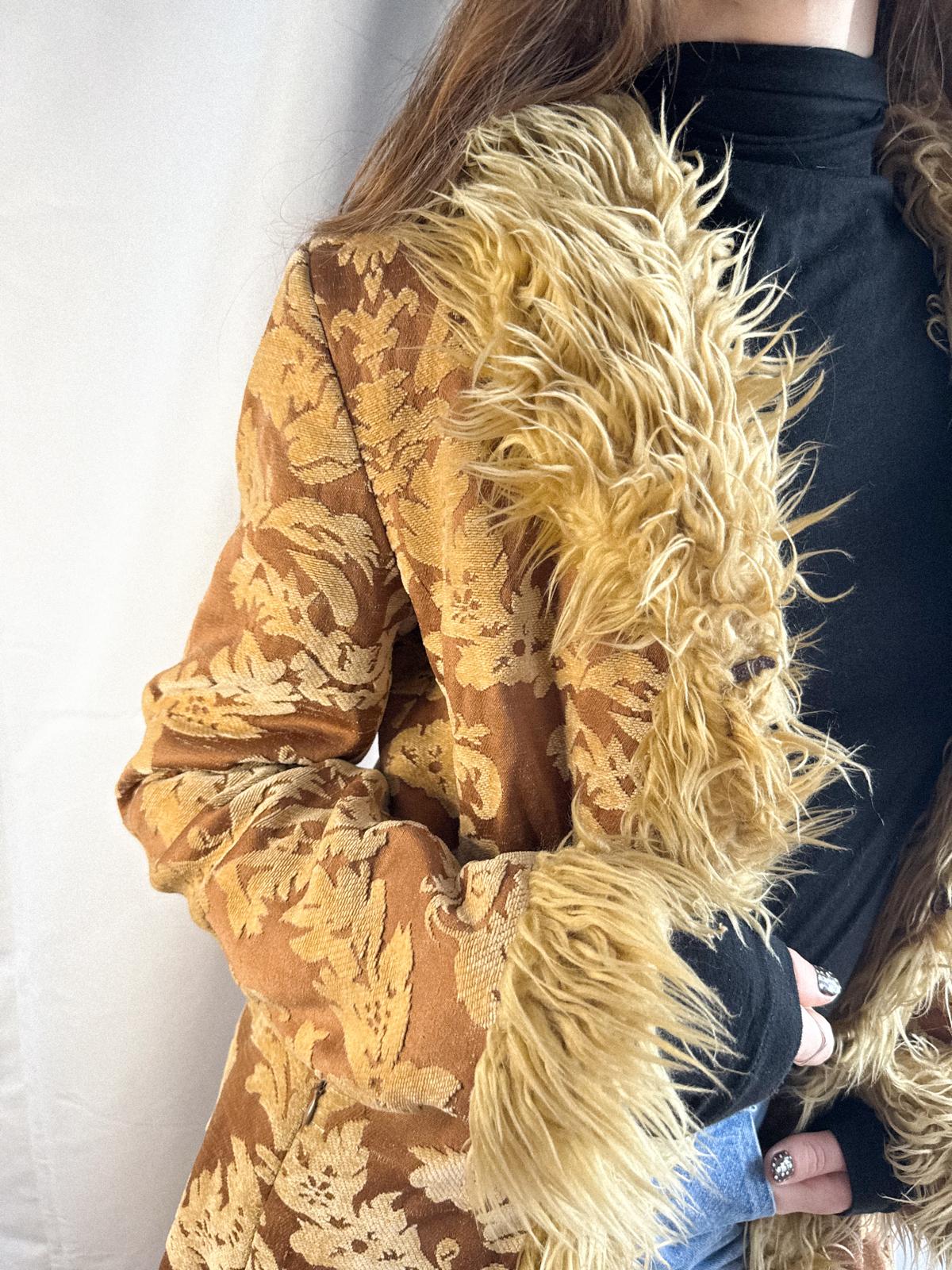 1970s Brocade Afghan Style Penny Lane Coat with Faux Fur Trim