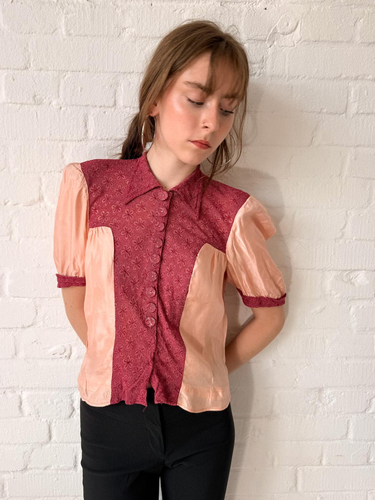 1930s Handmade Peach Satin & Embossed Floral Lace Blouse