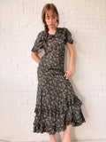 1920s Black Silk Voile Capelet Dress with Pleated Ruffle Hem | Flapper Day Dress | Rare Antique Silk Dress