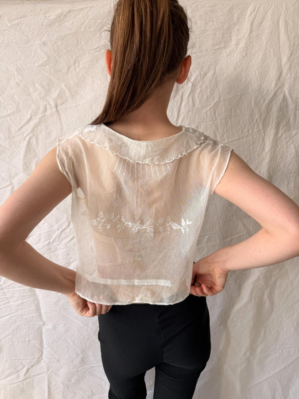 Antique Edwardian French Embroidered Tulle Bodice Blouse | Early 1910s Sheer Net Top