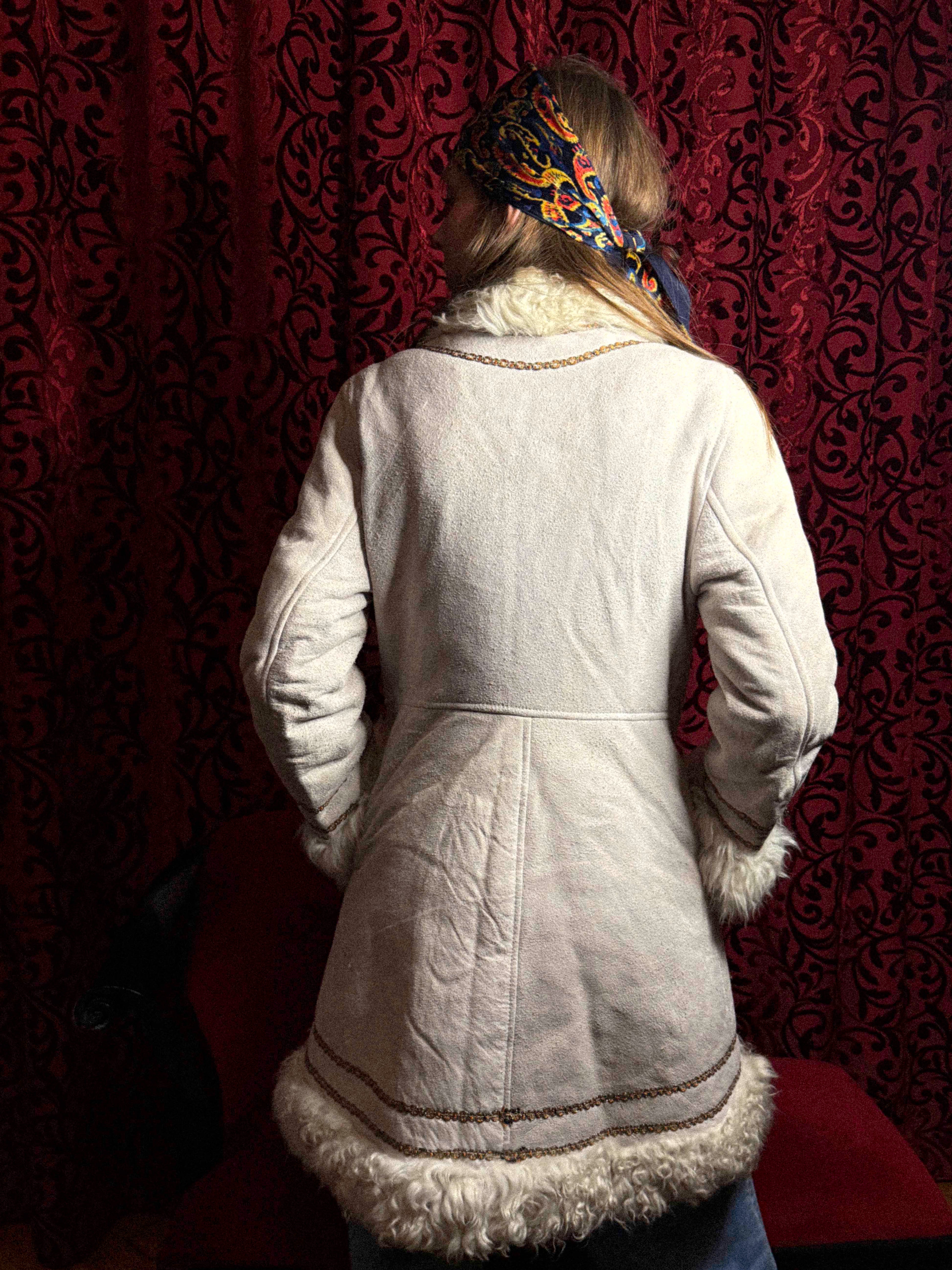 Rare 1970s Mongolian Sheepskin Coat in Soft Cream Suede