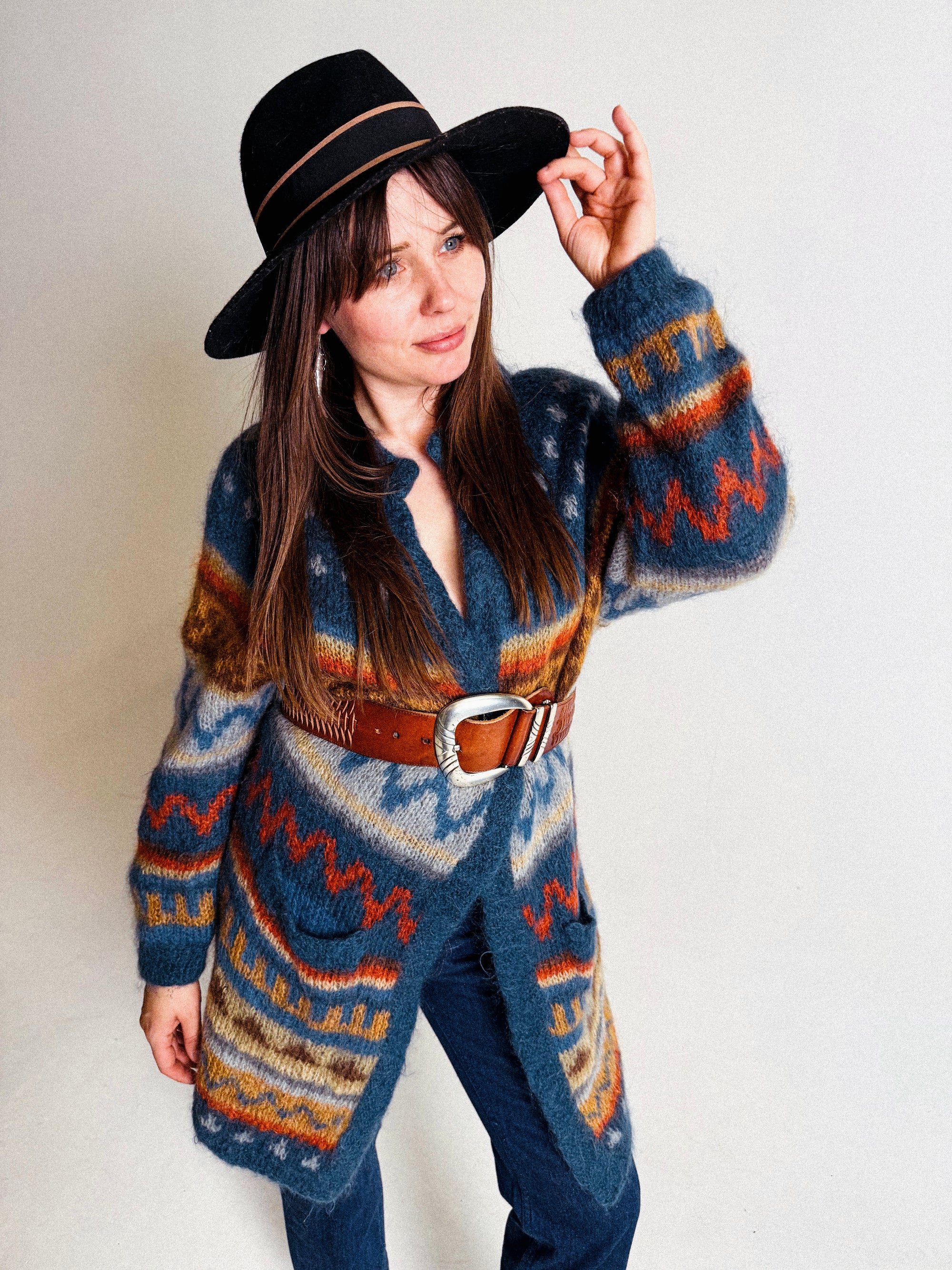 1970s/80s Long Mohair Cardigan with Nordic Pattern