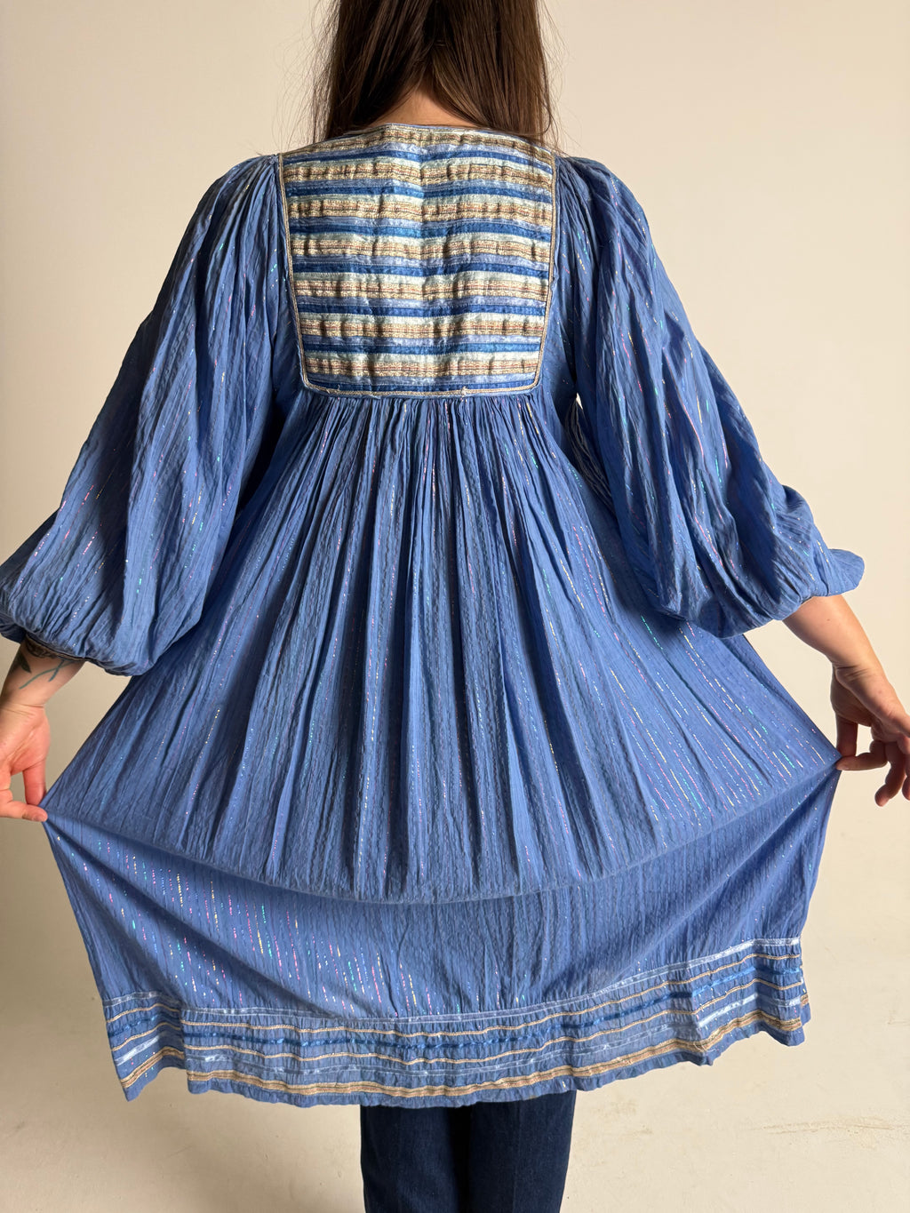 1970s Cotton Gauze and Lurex Dress